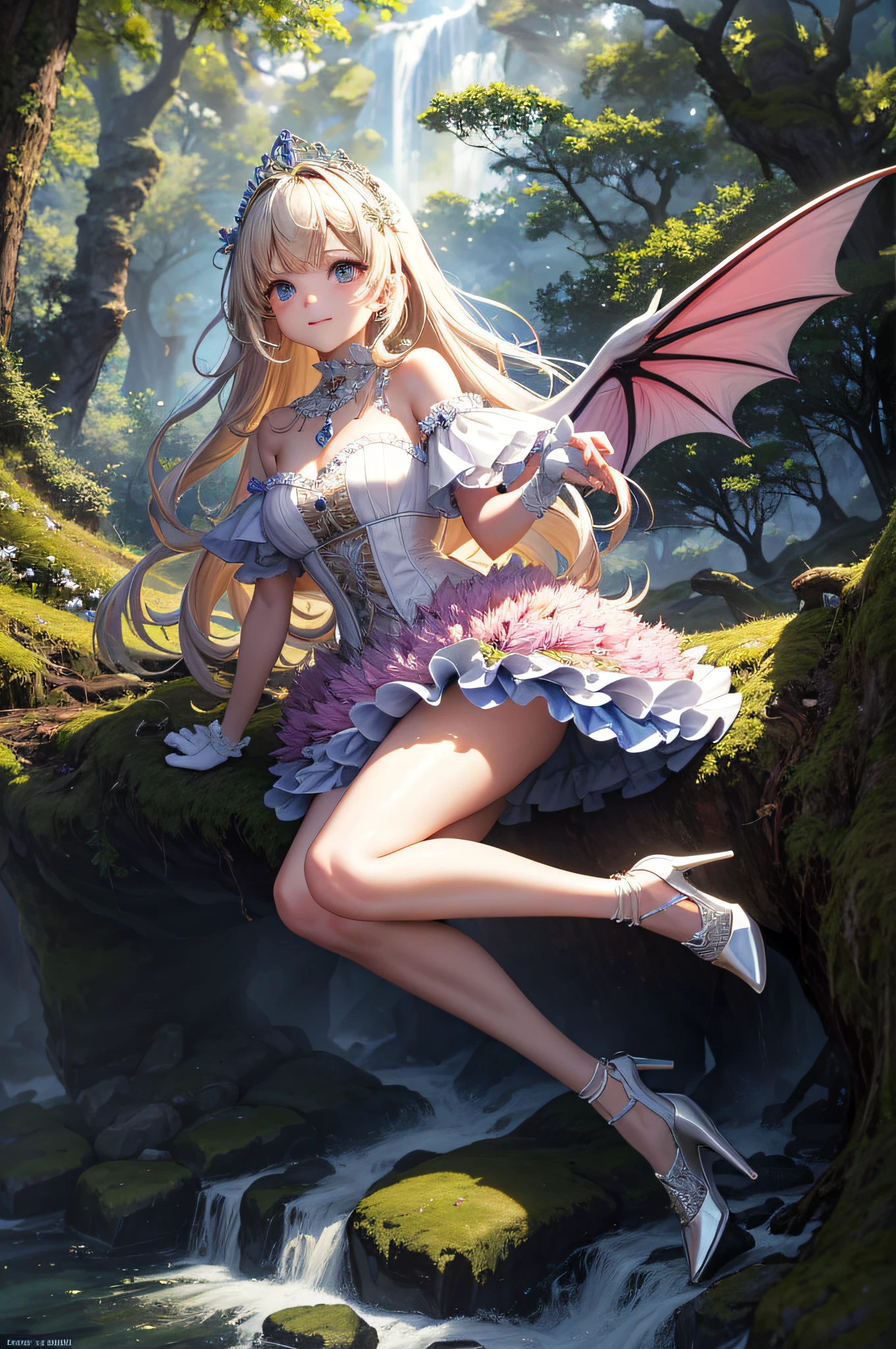 (masterpiece, best quality: 1.2), 1 girl, solo, cute, kawaii, digital art, magic circle, platinum blonde hair, fine eyes, shy look, sweat, frilly dress, pink color scheme, high heels, white Gloves, heart necklace, tiara, wand wielder, dragon, forest, fire breath, wings, scales, sharp claws, pointed tail, trees, moss, sunbeams, fallen leaves, bushes, rocks, rivers, bridges, night Clouds, starry sky, wind, rustle of leaves,