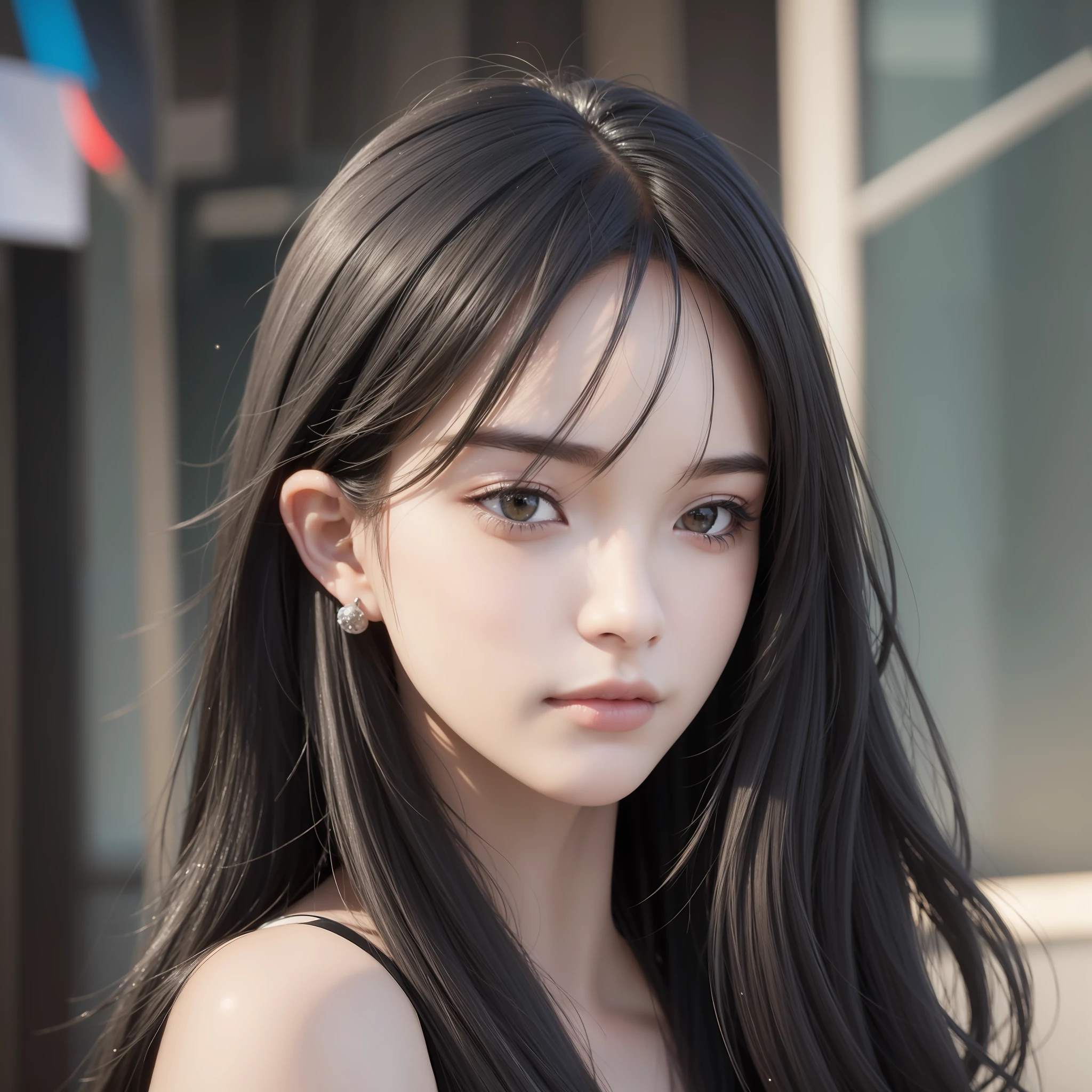 a beautiful woman, black hair, hair behind ear, long hair, close-up, bokeh, depth of field, ray tracing, reflection light, masterpiece, ccurate, best quality, high quality, high details, textured skin, UHD, HD
