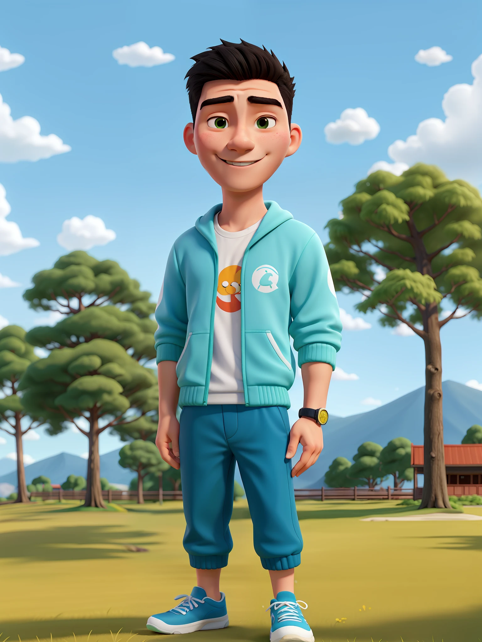 High detail face, cartoon characters, cute 3d rendering, waist length portrait of a 20 year old young Chinese man in outdoor sportswear, smile, outdoor blue sky white clouds trees and green grass, natural skin texture, 4k texture, HDR, intricate, very detailed, sharp focus, cinematic look, super detailed