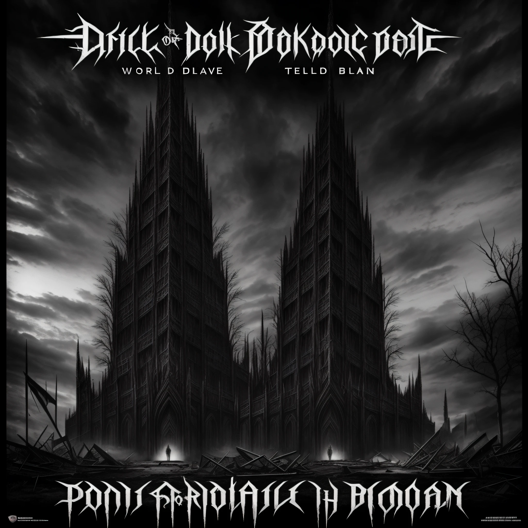 Gloomy cover for a metal band disc, occult black metal, world apocalypse, collapse of people's hopes, religious crisis, black colors, poster of a dark metal band