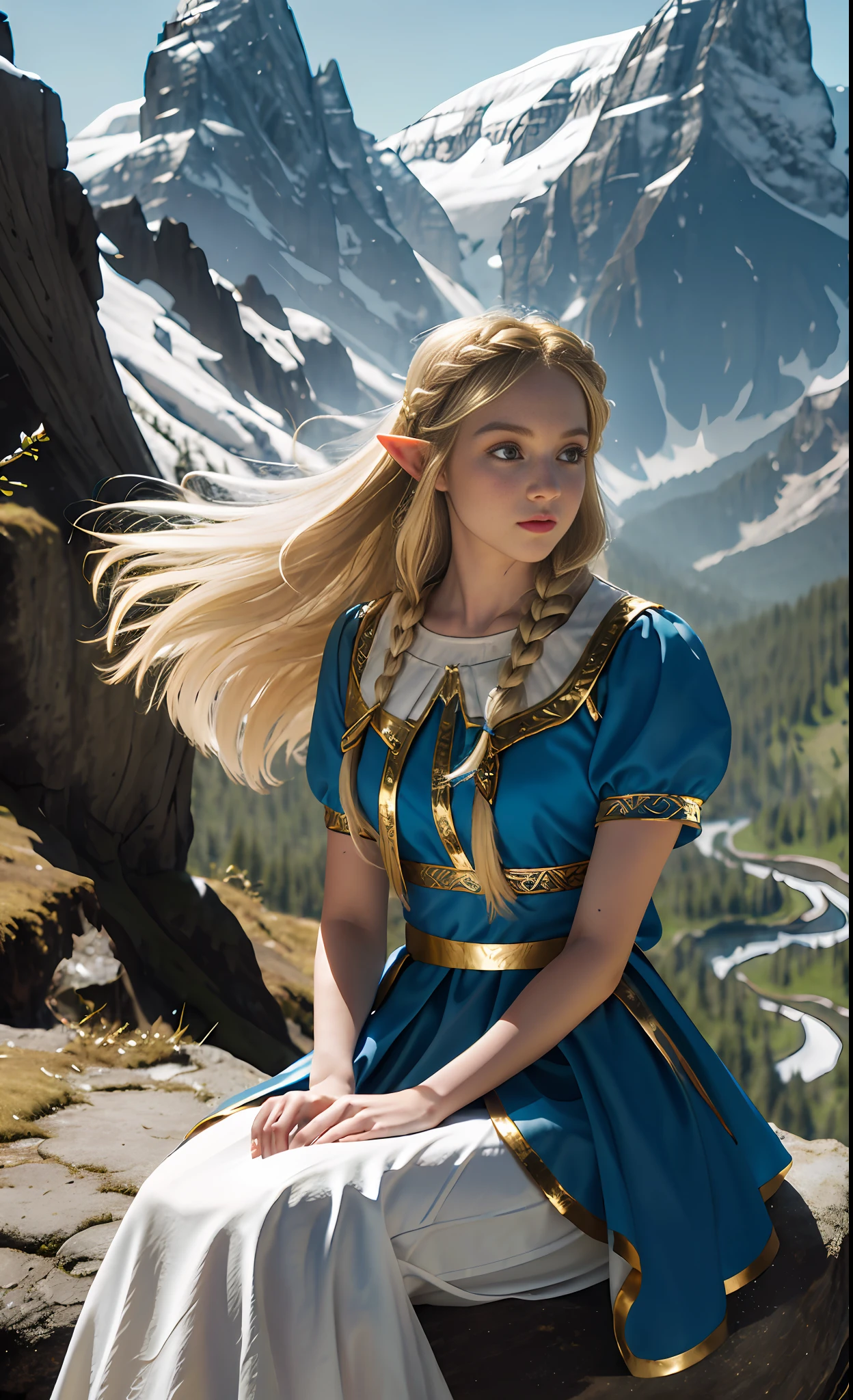 Blonde, elf, blue dress, white skirt, European and American, forest, Disney, white long skirt with gold trim, golden decoration, girl, princess, legend of zelda, rock, eyes, flowing hair, delicate hair, Nordic style, wind blowing, coiled hair, small braid, (distant mountains), Alps, meadows, sit down and hold elves