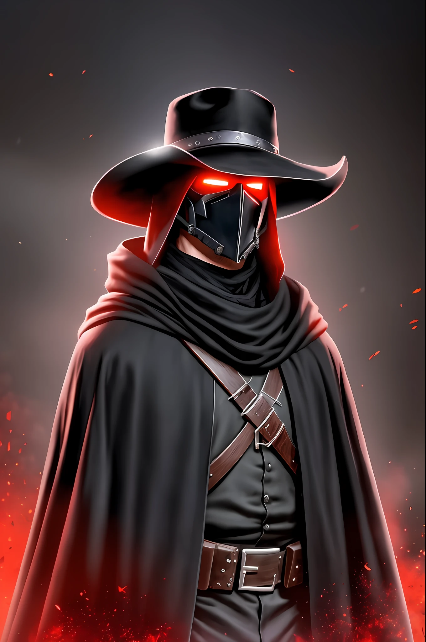 Cowboy, black cloak, black hat, black gang on, bounty hunter, rifle in hand, man gallows in the background, black mask, face not visible, red glowing eyes, gray skin