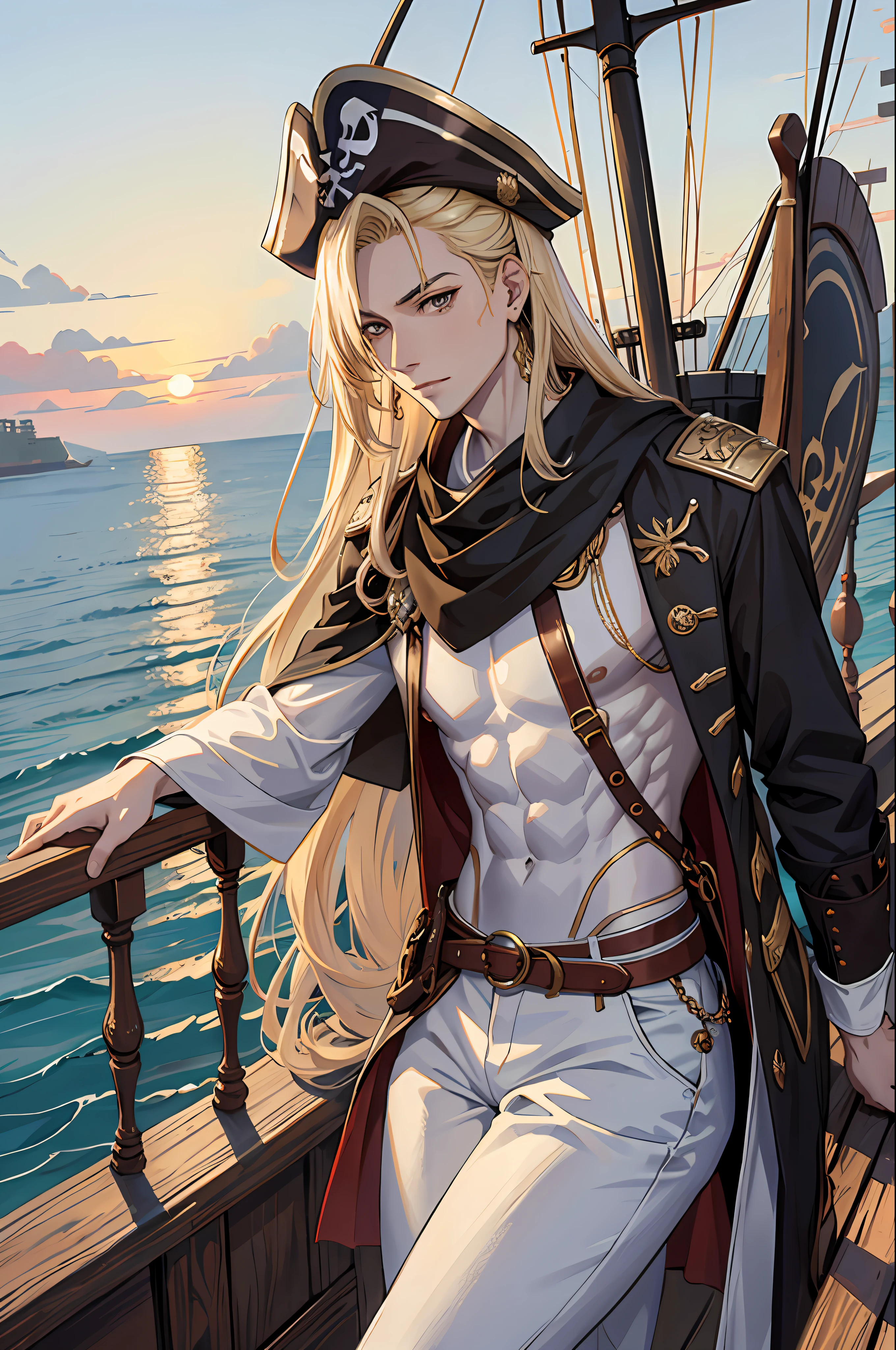masterpiece, absurdres, best quality ,intricate details , (shiny skin, shiny body, shiny oily luster skin, shiny hair, pale skintone), pirate ship , Sundown , ((1man)), attractive, ((muscular)), adult, one eye patch, tattoo ,white blouse, earrings, brown pants, Parrot on the shoulder , Don't look at the view , Not looking at the view, blonde very long hair