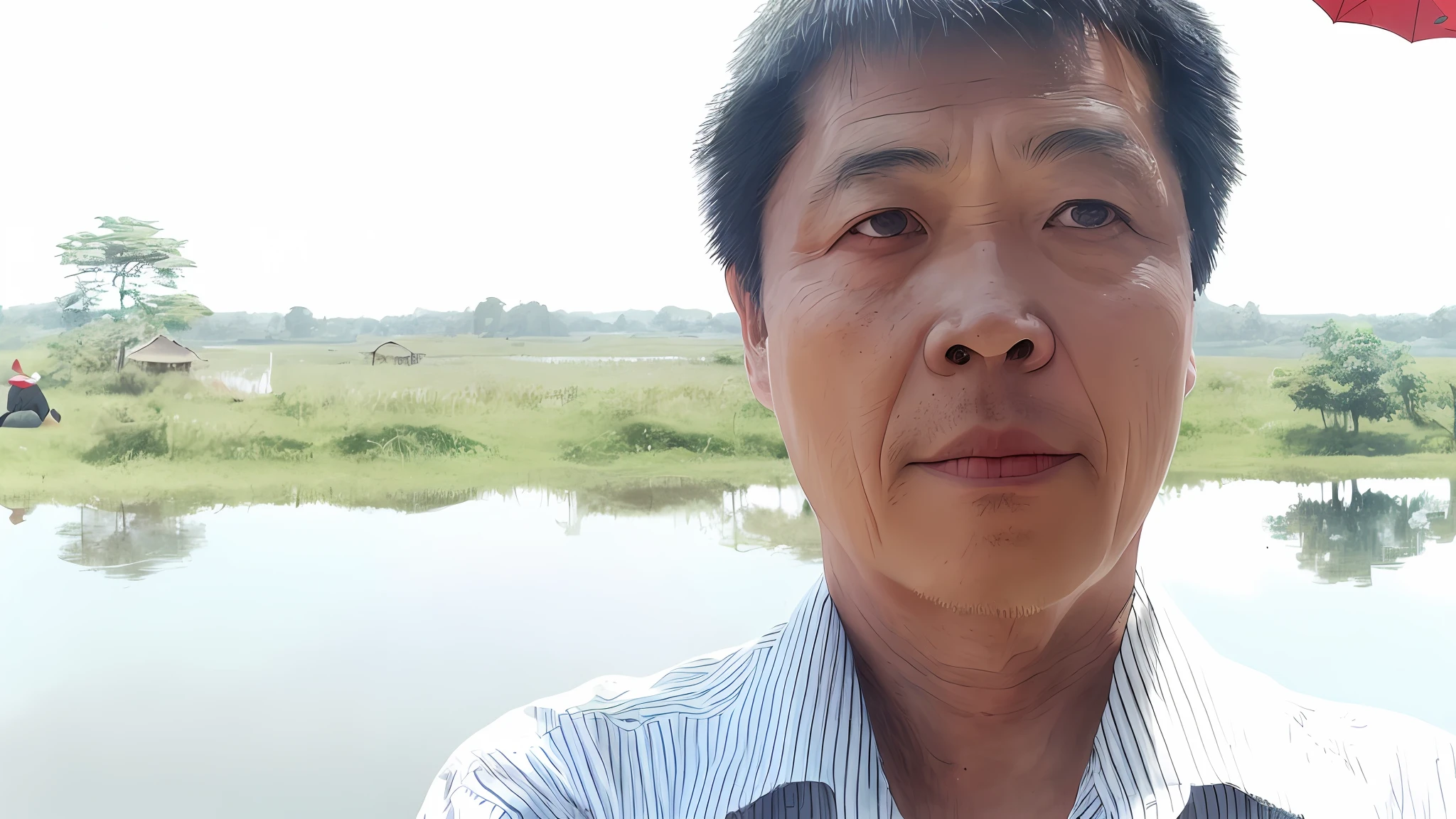 there is a man standing in front of a lake with a red umbrella, 4 0 years old man, phong yintion j - jiang geping, 30 years old man,oil painting