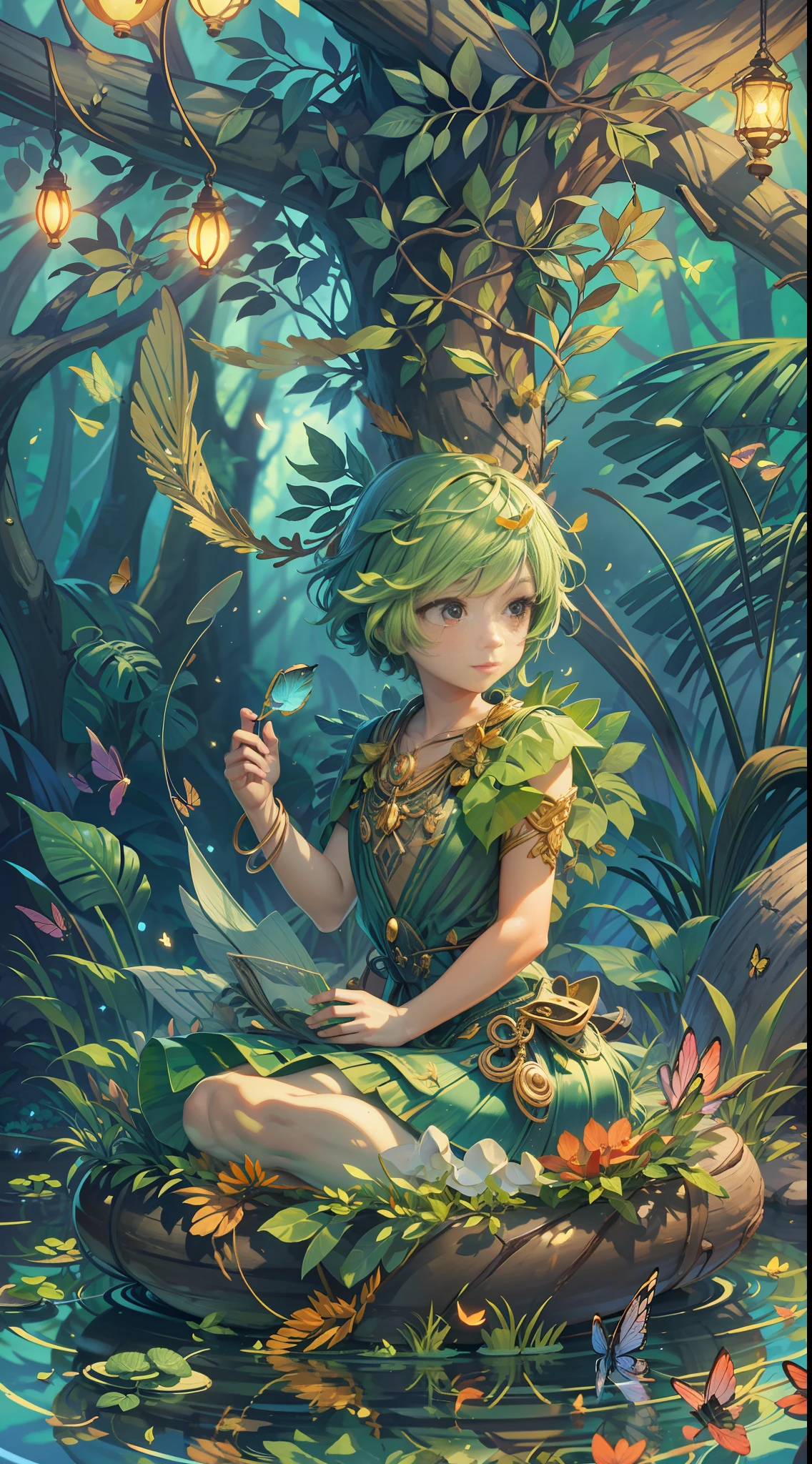 A little boy catching fish, butterflies, masterpieces by the sea, the best quality, extremely beautiful reflections, the best reflections. (Very detailed CG unity 8k wallpaper), (best quality), (best illustration), (best shadow), forest theme with natural elements. Tall trees, quiet streams, glowing small mushrooms, surrounded by delicate leaves and branches, and fireflies and glowing particle effects, (natural elements), (jungle theme), (leaves), (branches), (fireflies), butterflies, (delicate leaves), (glow), (particle effects). , isometric 3D, Octane rendering, ray tracing, super detailed