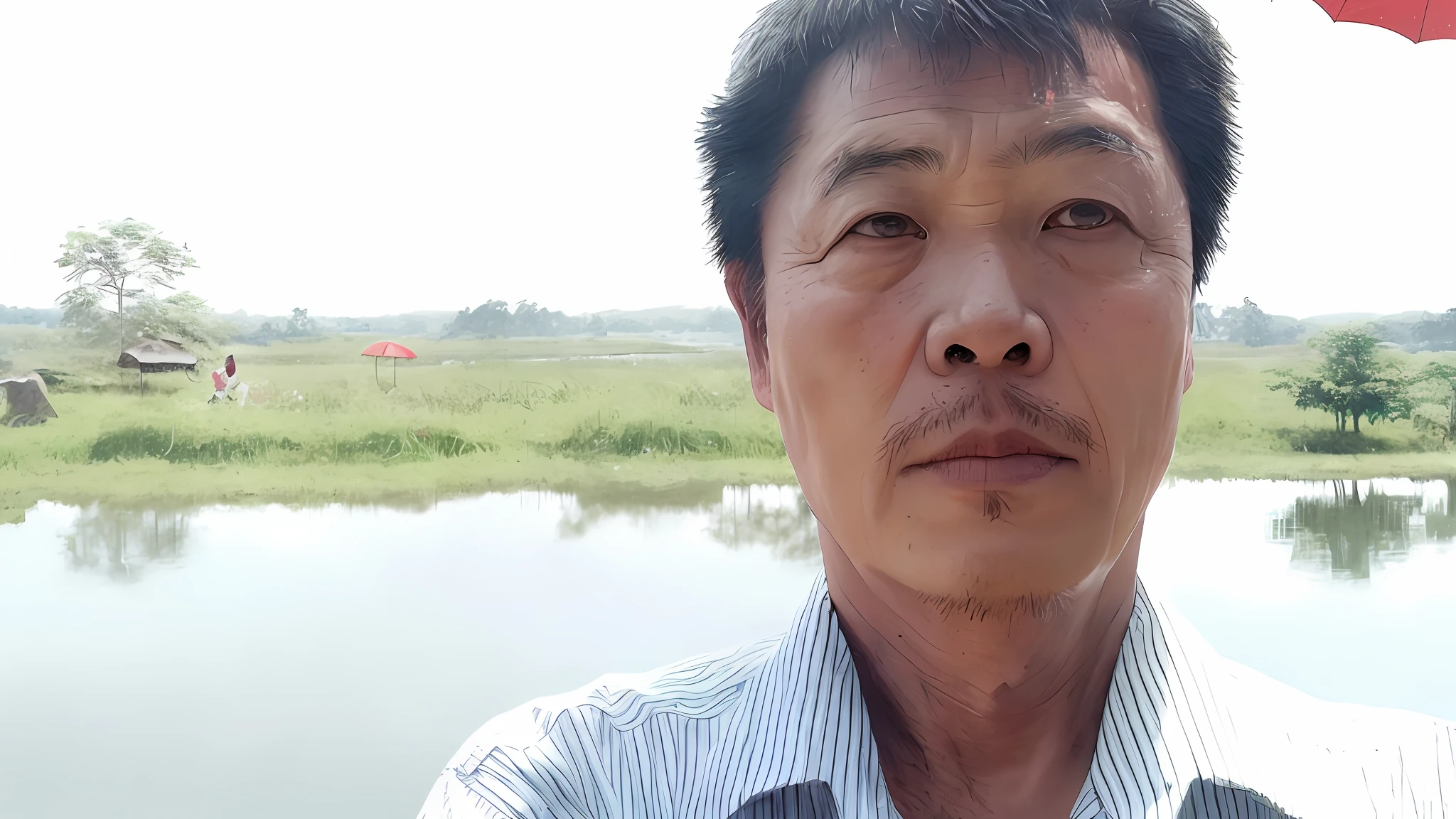 there is a man standing in front of a lake with a red umbrella, 4 0 years old man, phong yintion j - jiang geping, 30 years old man,oil painting