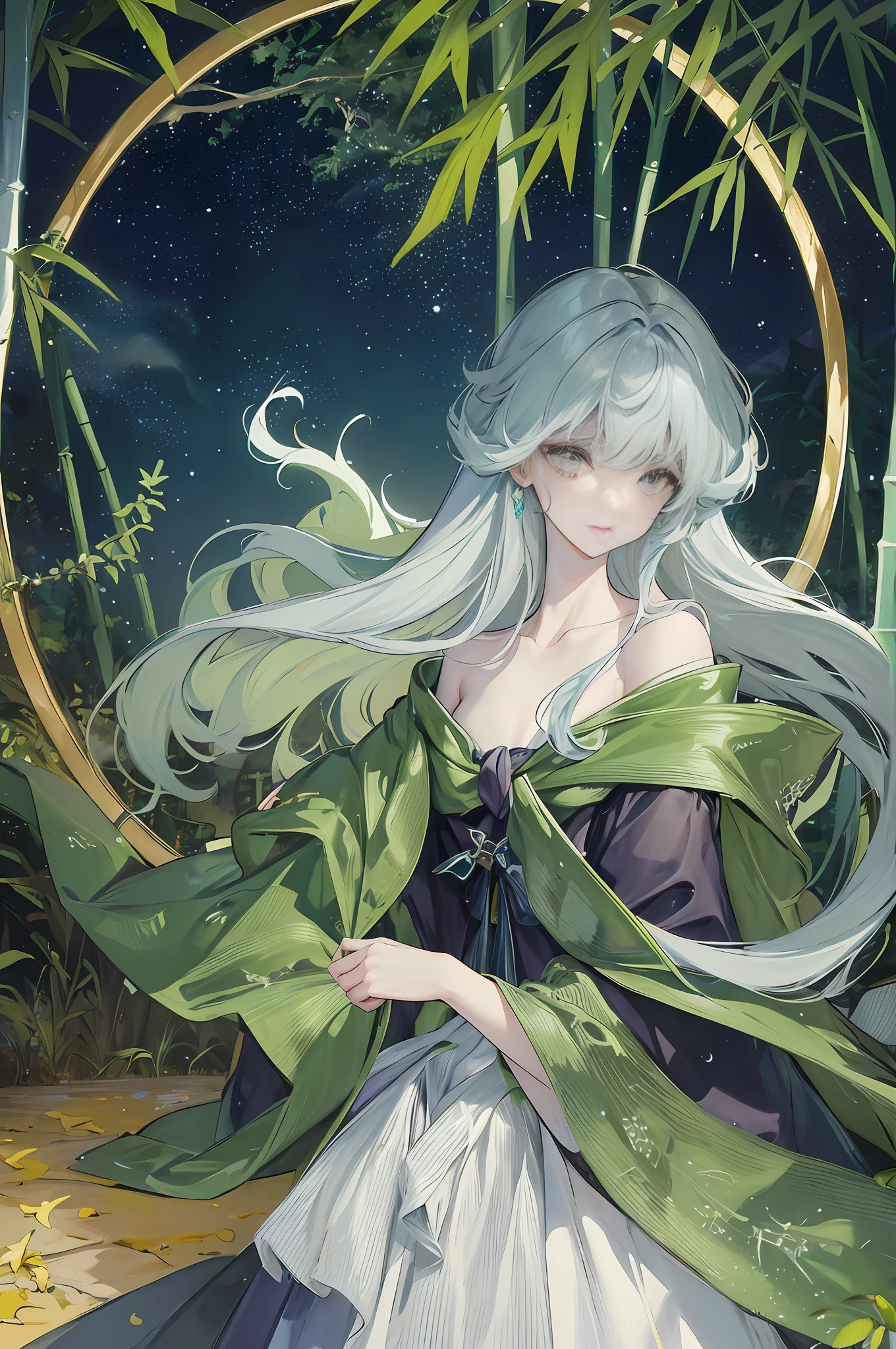 Masterpieces, superb hands, facial details, delicate makeup, a mysterious and psychedelic bamboo forest scene is presented before you on this cold autumn night. A creek babbling, a sea of clouds and a starry sky intertwined, and an antique bridge spans it, under which a few fallen leaves and bamboo leaves float. The whole scenery presents a low-saturation gray-blue, light gray, dark green, dark green, dark purple and dark blue, giving people a cool, aesthetic and elegant feeling. In addition, the scene also integrates elements of ancient style, fairy tales, ink painting and landscape artistic conception, presenting an otherworldly temperament and making the whole scene more elegant and poetic. Starlight dotted in this secluded bamboo forest, adding infinite spirituality to this beautiful scene, people can't help but be enchanted,