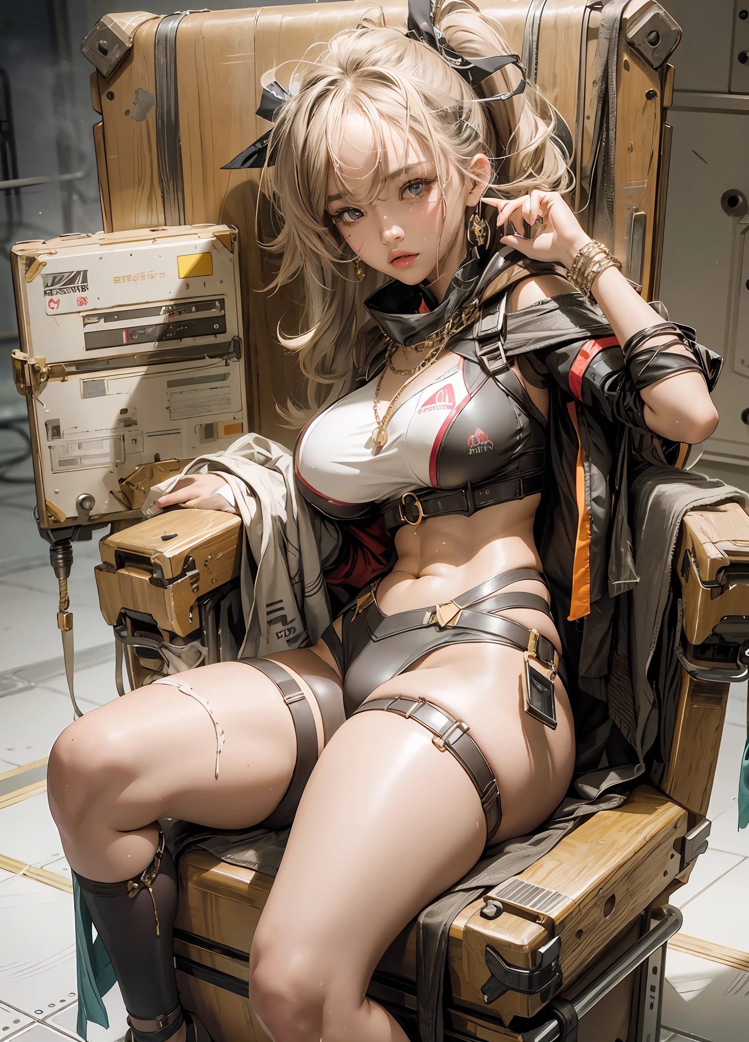 Sexy brown skin Azur Lane waifu, mega large breasts, curvy and super thick, six pack abs, strapped down in a torture chair, torture machine, chains, trapped, in a basement, held hostage, torture, electric chair, sad and crying, scared, peeing on herself, kidnapped, tight black micro bikini exposing her breasts, camel toe, diamond jewelry, Harajuku girl makeup, sexy breast indentation, aroused, sfw, one girl, solo, perfect body, perfect face, perfect hands, perfect fingers, perfect lips, perfect eyes, perfect background, perfect vibe, professional quality, 8k, perfect photography, highest resolution, 8k, ray tracing, perfect volumetric lighting, hight quality octane render, high quality vector, ultra detailed, SAW movie scene, torture room, clear skin, minimalist background, perfect skin, no abberations