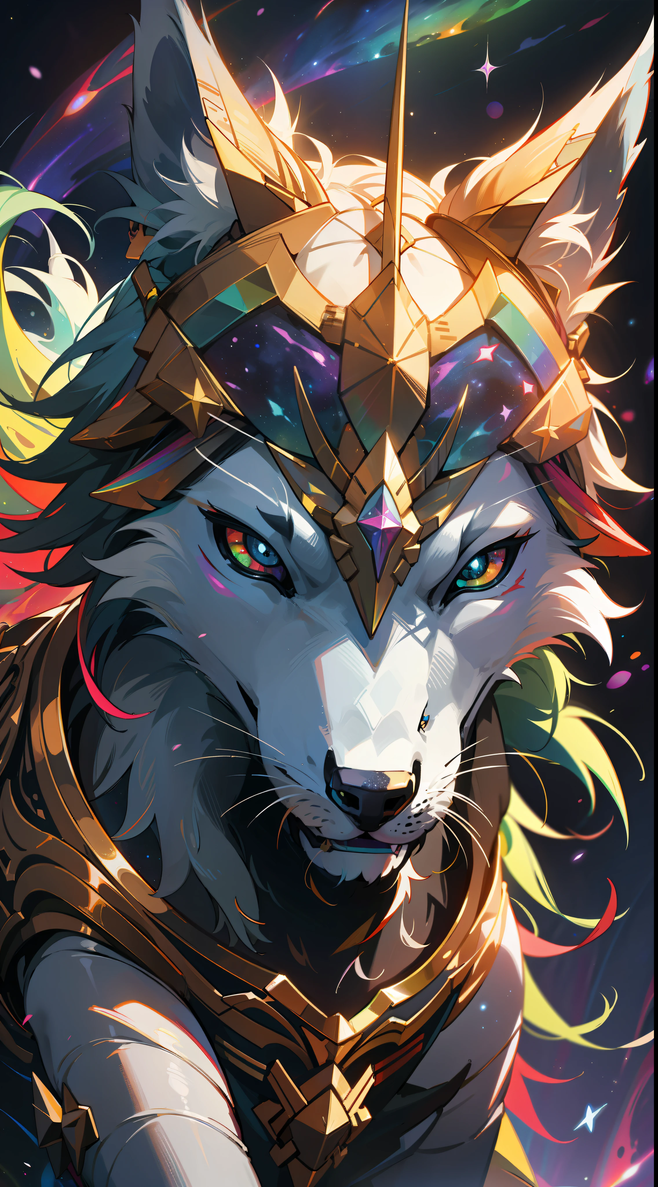 a lrainbow colored wolf with rainbow teal armor, rainbow colored cosmic nebula background, stars, galaxies