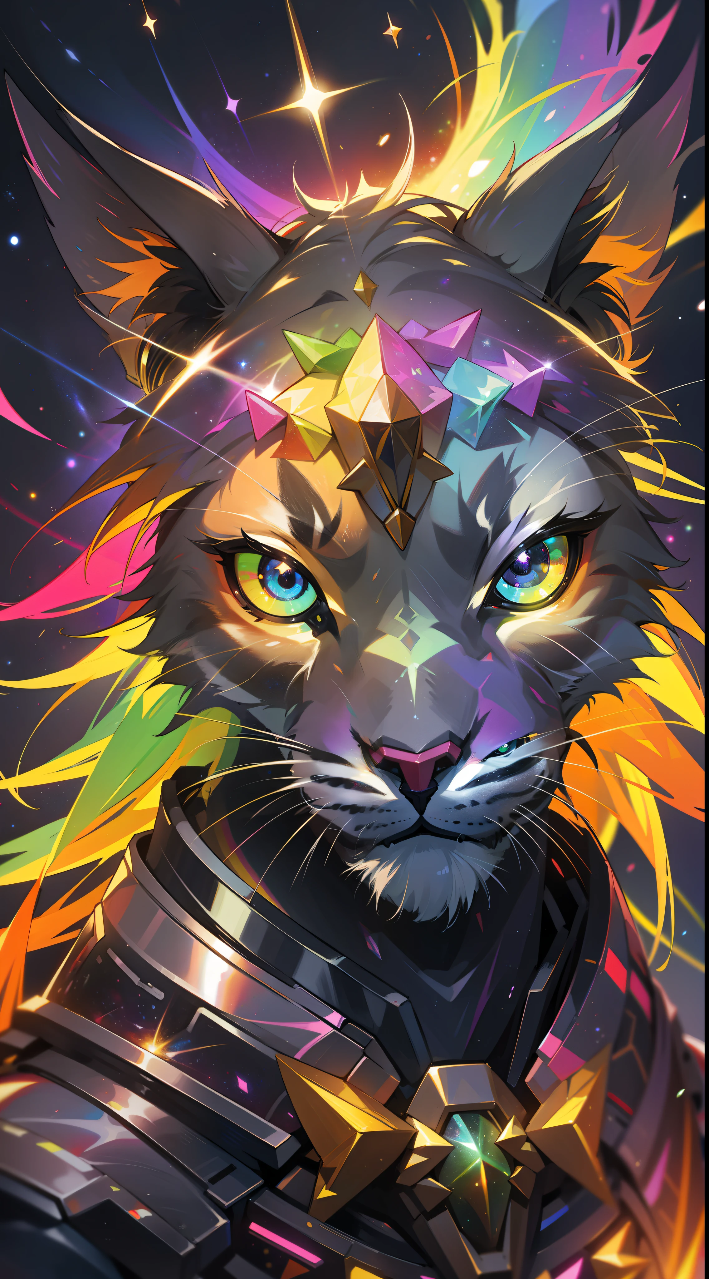 a rainbow colored lynx, rainbow colored cosmic nebula background, stars, galaxies