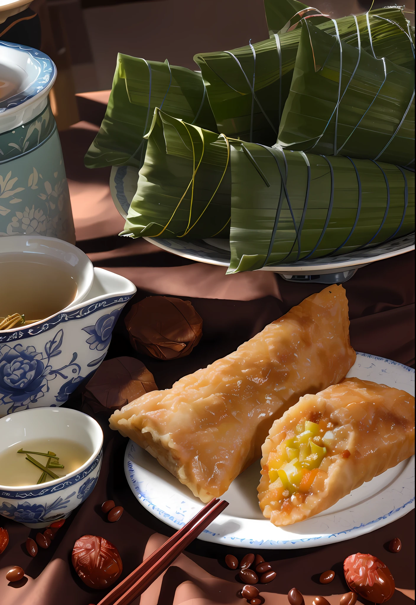 During the Dragon Boat Festival, two browns wrapped in rice dumpling leaves, and two glutinous rice browns with peeled palm leaves on a plate, a pair of chopsticks, red dates and red beans on the table, tea leaves and tea in a tea bowl, and a pair of women's hands holding chopsticks holding the brown seeds in the plate. Dark scene, light and shadow, 8K, high resolution, real scene.