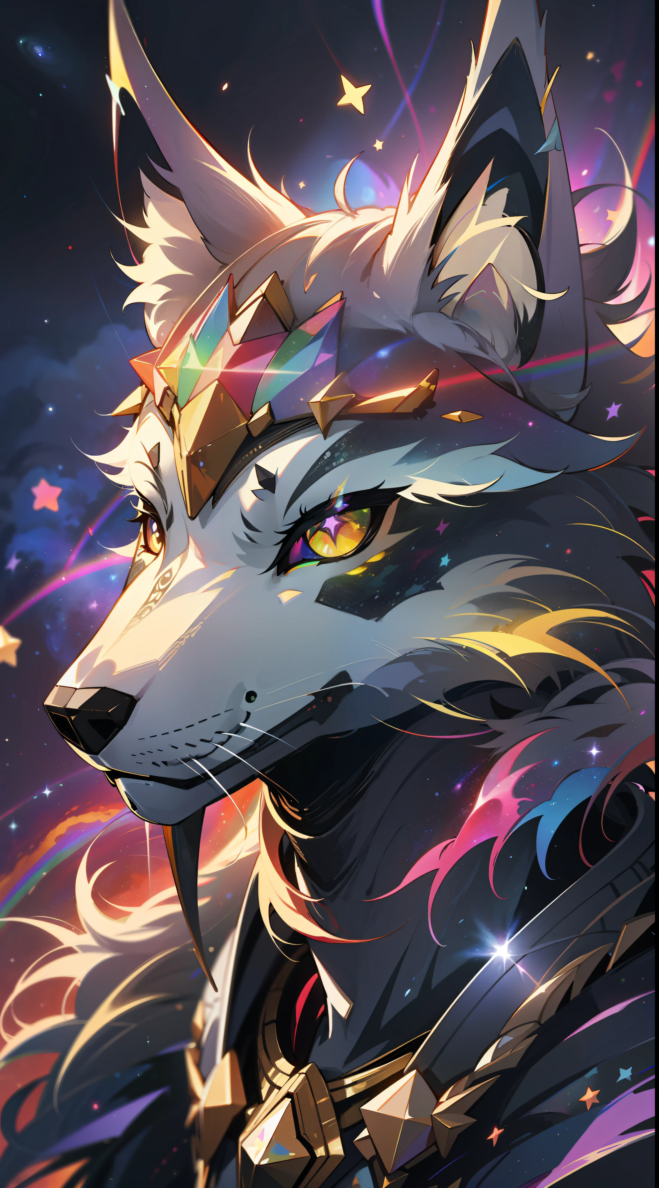 a lrainbow colored wolf, rainbow colored cosmic nebula background, stars, galaxies