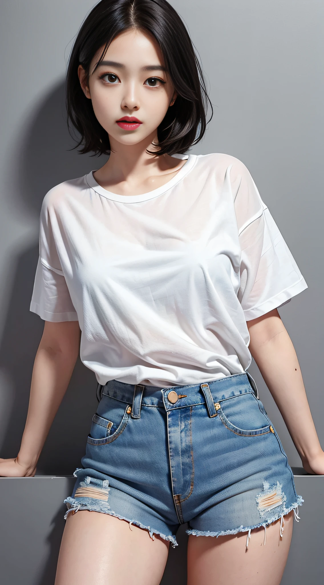 Realistic, high resolution, 1 girl, short black hair, Korean, gray eyes, small moles in mouth and under the eyes, loose white shirt, skinny denim shorts, medium, lively, thick thighs