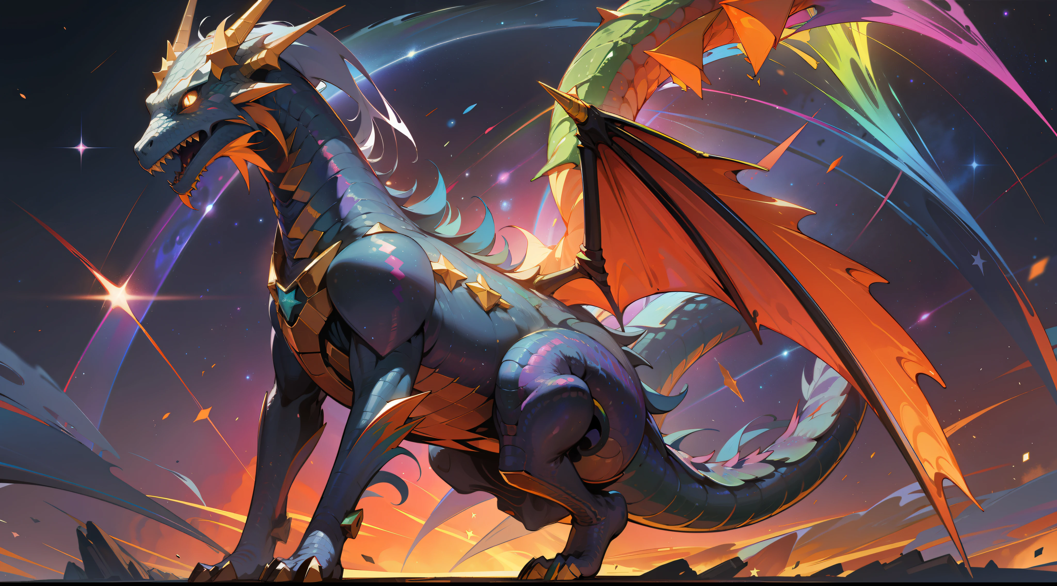 a full body rainbow colored dragon, rainbow colored cosmic nebula background, stars, galaxies