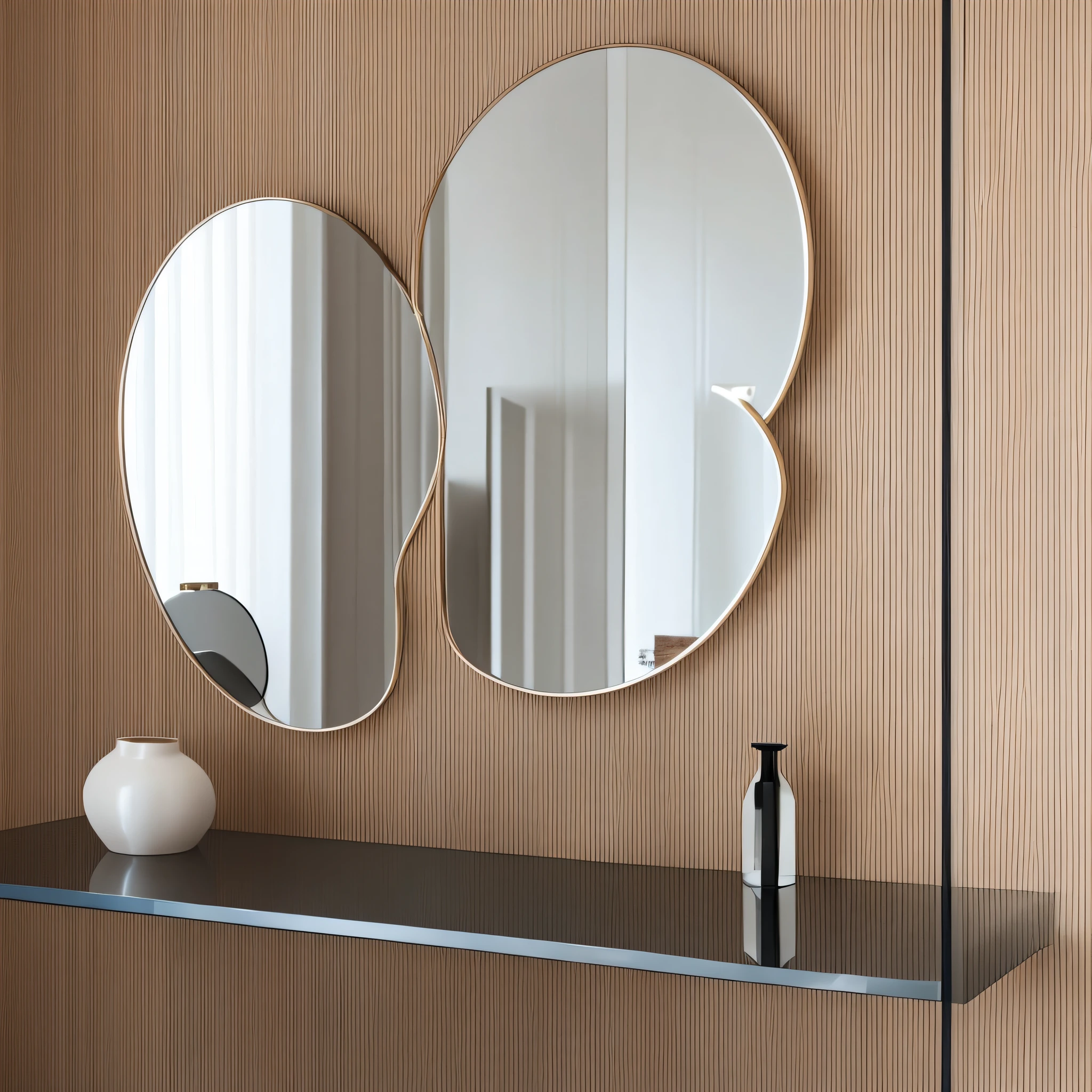 Wave-shaped mirror: a mirror without edge, can be used in a modern and sophisticated environment. It can be placed on the wall centrally or in conjunction with other abstract mirrors, creating a unique and original composition. --auto --s2