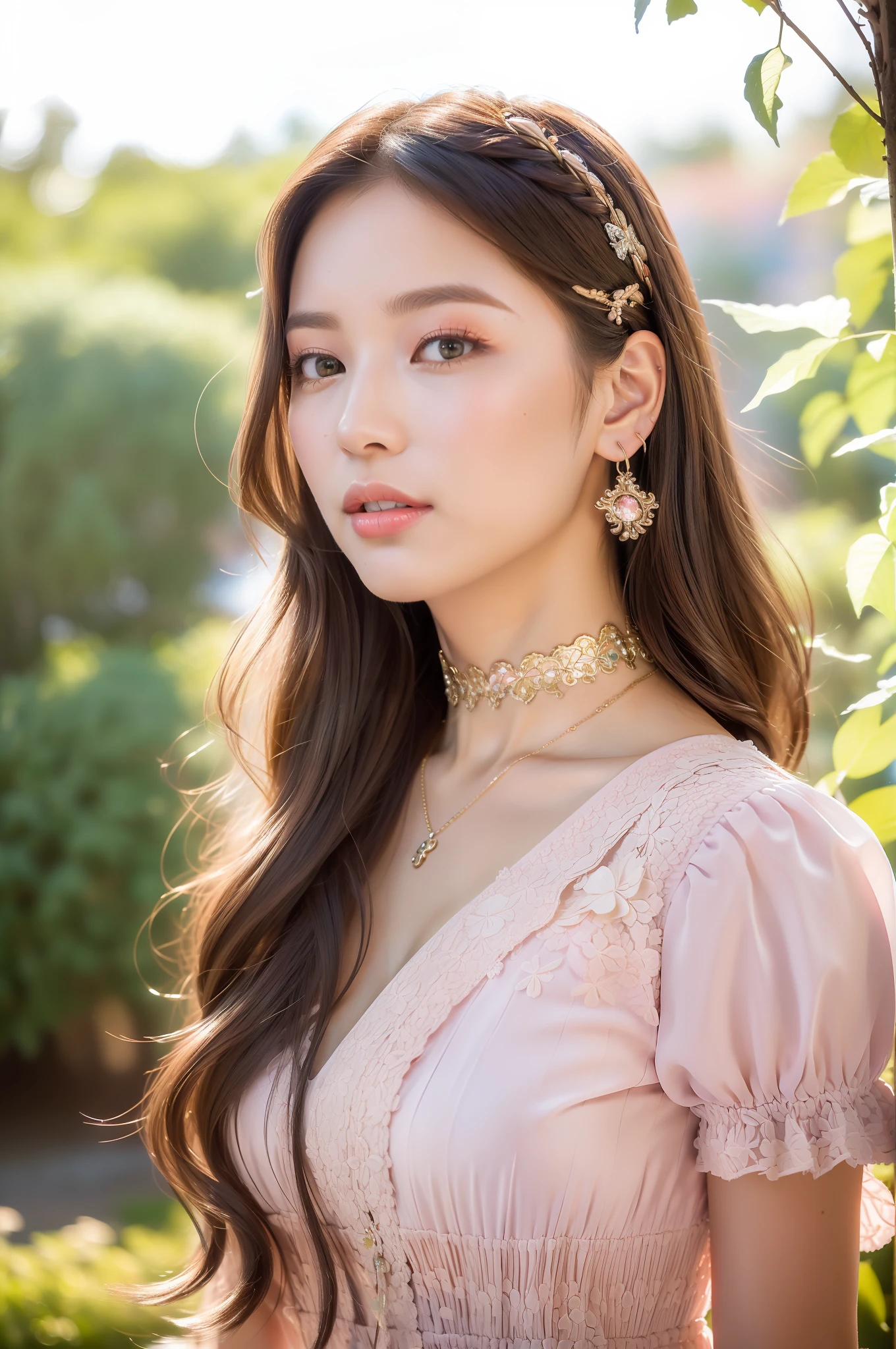 (a detailed portrait RAW photo of a gorgeous beautiful ((Finnish)) , realistic, solo, front view,POV,looking in camera, flirting with the camera, (masterpiece),(photorealistic:1.3), nfsw, ultra-detailed, (high detailed skin:1.2),(best quality:1.0), (ultra highres:1.0),(by samdoesart, by Antonio J. Manzanedo), fit, back light, GOLDEN HOUR, petite, choker, slim, choker, beautiful, Wearing a flowing, pastel-colored dress with intricate floral patterns,
Her hair styled in loose waves with colorful hair clips scattered throughout,
Accessorized with a dainty necklace and delicate charm bracelet,
Posing with one hand on her hip and the other holding a magical staff,
Captured from a side view, emphasizing her graceful silhouette,
The scene set in a fantastical realm with floating islands and rainbow skies,
Soft sunlight illuminating the scene, creating a dreamy ambiance.
