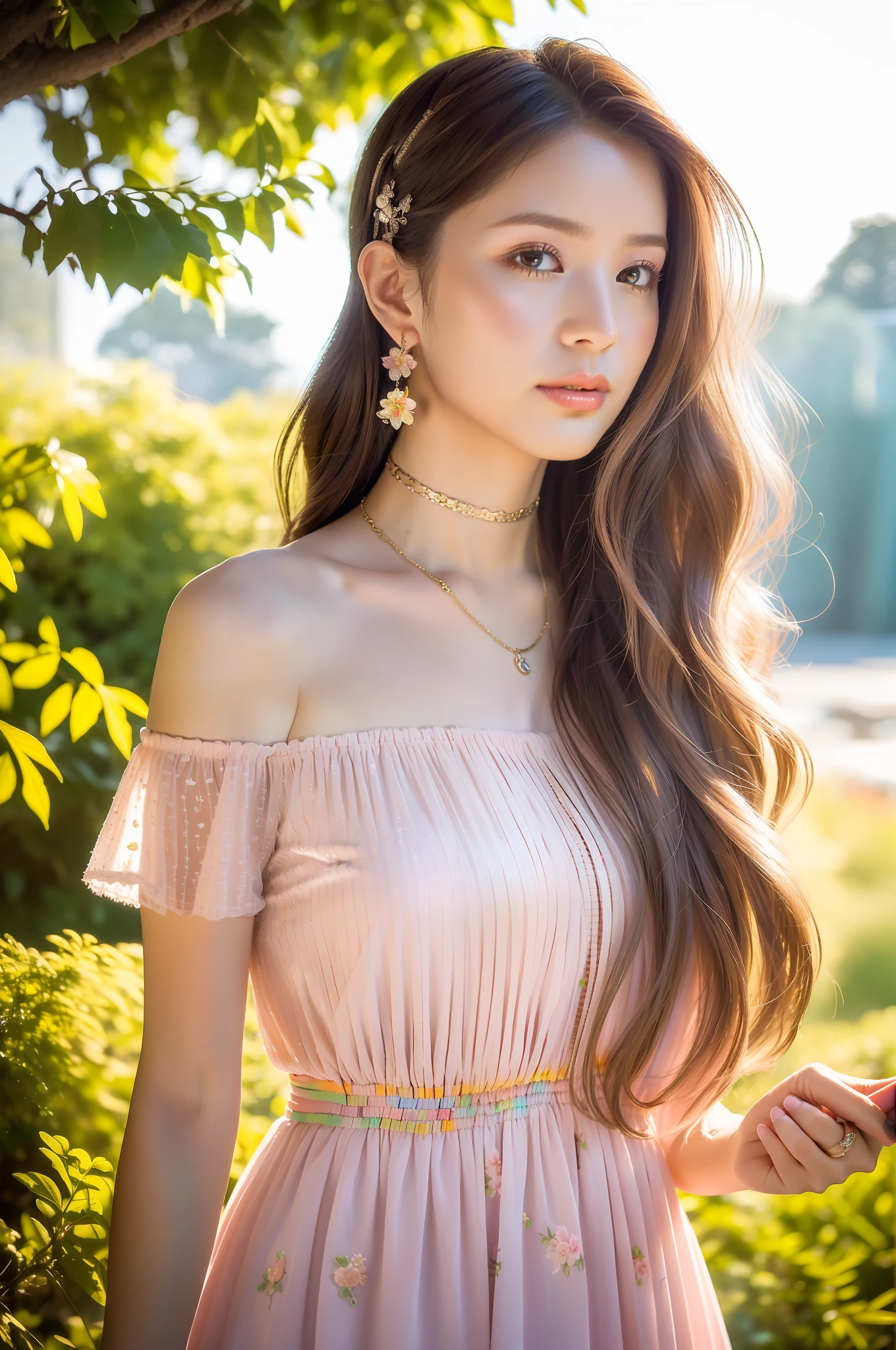 (a detailed portrait RAW photo of a gorgeous beautiful ((Finnish)) , realistic, solo, front view,POV,looking in camera, flirting with the camera, (masterpiece),(photorealistic:1.3), nfsw, ultra-detailed, (high detailed skin:1.2),(best quality:1.0), (ultra highres:1.0),(by samdoesart, by Antonio J. Manzanedo), fit, back light, GOLDEN HOUR, petite, choker, slim, choker, beautiful, Wearing a flowing, pastel-colored dress with intricate floral patterns,
Her hair styled in loose waves with colorful hair clips scattered throughout,
Accessorized with a dainty necklace and delicate charm bracelet,
Posing with one hand on her hip and the other holding a magical staff,
Captured from a side view, emphasizing her graceful silhouette,
The scene set in a fantastical realm with floating islands and rainbow skies,
Soft sunlight illuminating the scene, creating a dreamy ambiance.