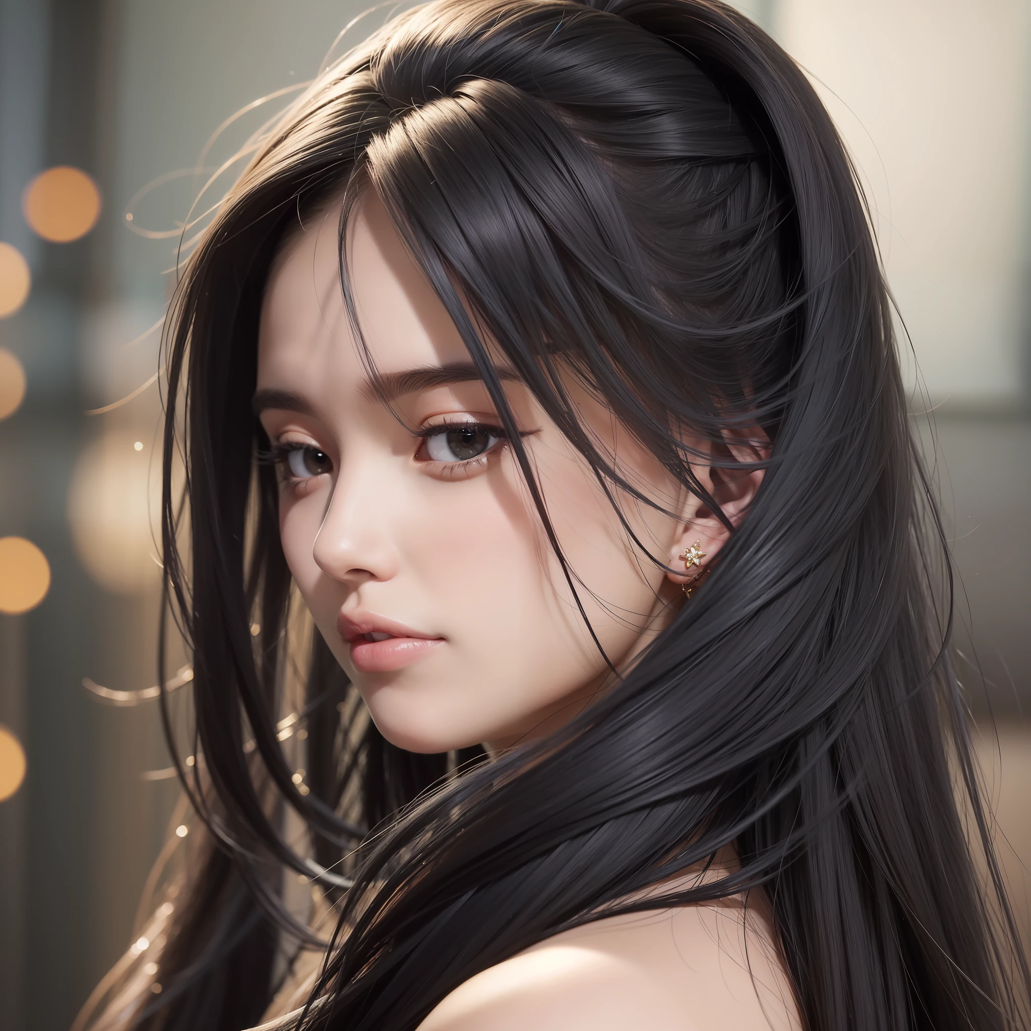a beautiful woman, black hair, hair behind ear, long hair, close-up, bokeh, depth of field, ray tracing, reflection light, masterpiece, ccurate, best quality, high quality, high details, textured skin, UHD, HD