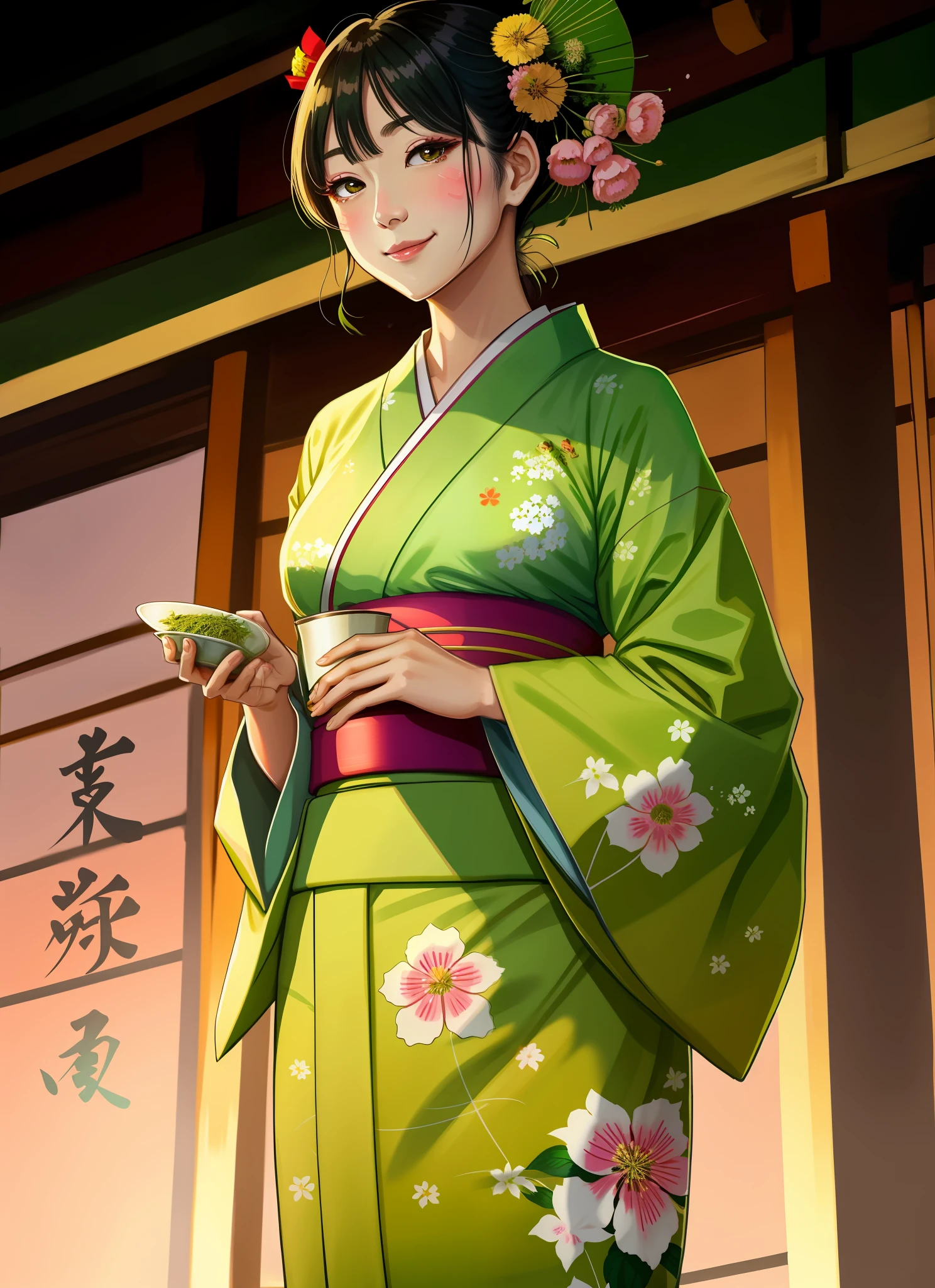 Tokyo Tower, matcha, green, light makeup, medium breast size, little smile, yukata, Canon EOS clear facial features, 8K high resolution, sharp and realistic details, have green tea, a little Japanese style