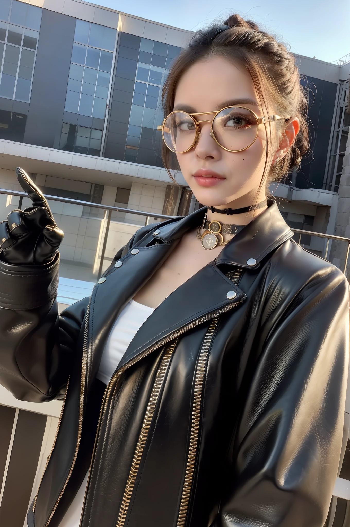 (a detailed portrait RAW photo of a gorgeous beautiful ((Finnish)) , realistic, solo, front view,POV,looking in camera, flirting with the camera, (masterpiece),(photorealistic:1.3), nfsw, ultra-detailed, (high detailed skin:1.2),(best quality:1.0), (ultra highres:1.0),(by samdoesart, by Antonio J. Manzanedo), fit, back light, GOLDEN HOUR, petite, choker, slim, choker, beautiful, Wearing a stylish leather jacket with intricate gears and goggles,
Hair styled in a voluminous updo with gears and cogs as accessories,
Accessorized with leather gloves and a utility belt with various gadgets,
Posing with one foot on the edge of an airship, looking off into the distance,
Captured from an above view angle,
The scene set in a steampunk-inspired sky filled with floating islands and mechanical contraptions.