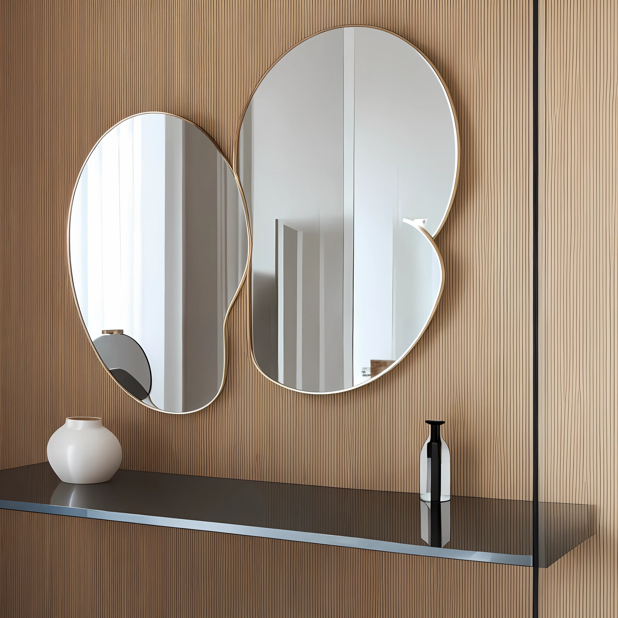 Wave-shaped mirror: a mirror without edge, can be used in a modern and sophisticated environment. It can be placed on the wall centrally or in conjunction with other abstract mirrors, creating a unique and original composition. --auto --s2