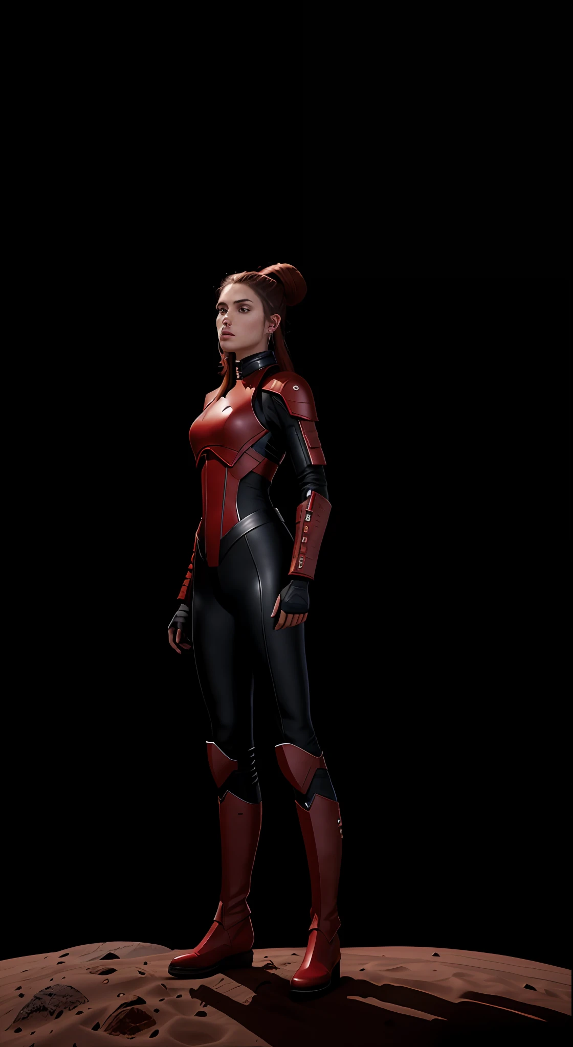Beautiful female warrior of 20 years old, wearing tight red and black leather suit, long black leather boots, holding long sword in the right hand, whole body from head to toe, on the Mars, ultra detailed face, topknot hair style, perfect body ratio, stars and nebular backgrounds, extraterrestrial, celestial, Martian, Cosmic, galactic,surface of Mars, hyperrealistic, chiaroscuro, volumetric lighting, ultra detailed, masterpiece, photorealistic, perfect contrast, perfect lighting, 8k resolution)