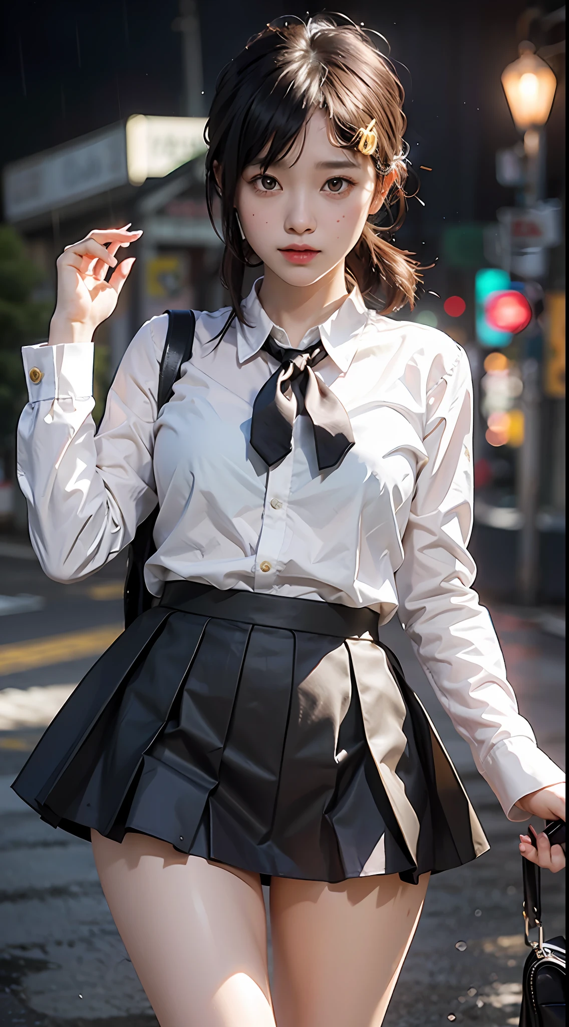 pretty girl, school uniform, short skirt, rainstorm, school scene, white skin, big breasts, pitiful expression, yellow cordon, rain night light shadow effect.