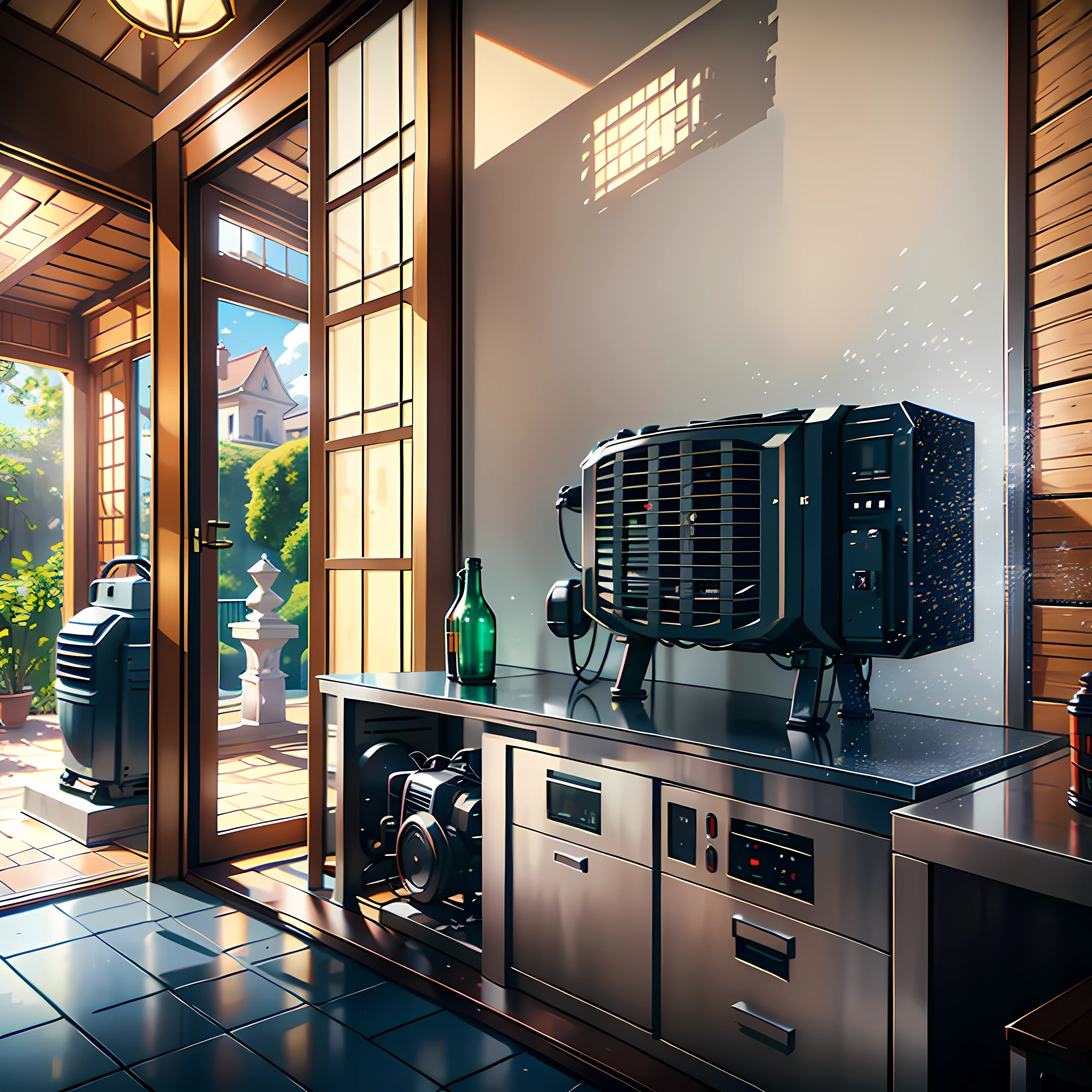 Inside the villa, there is a set of generator equipment, ultra detail, highly real, 4K, chiaroscuro, super high detail