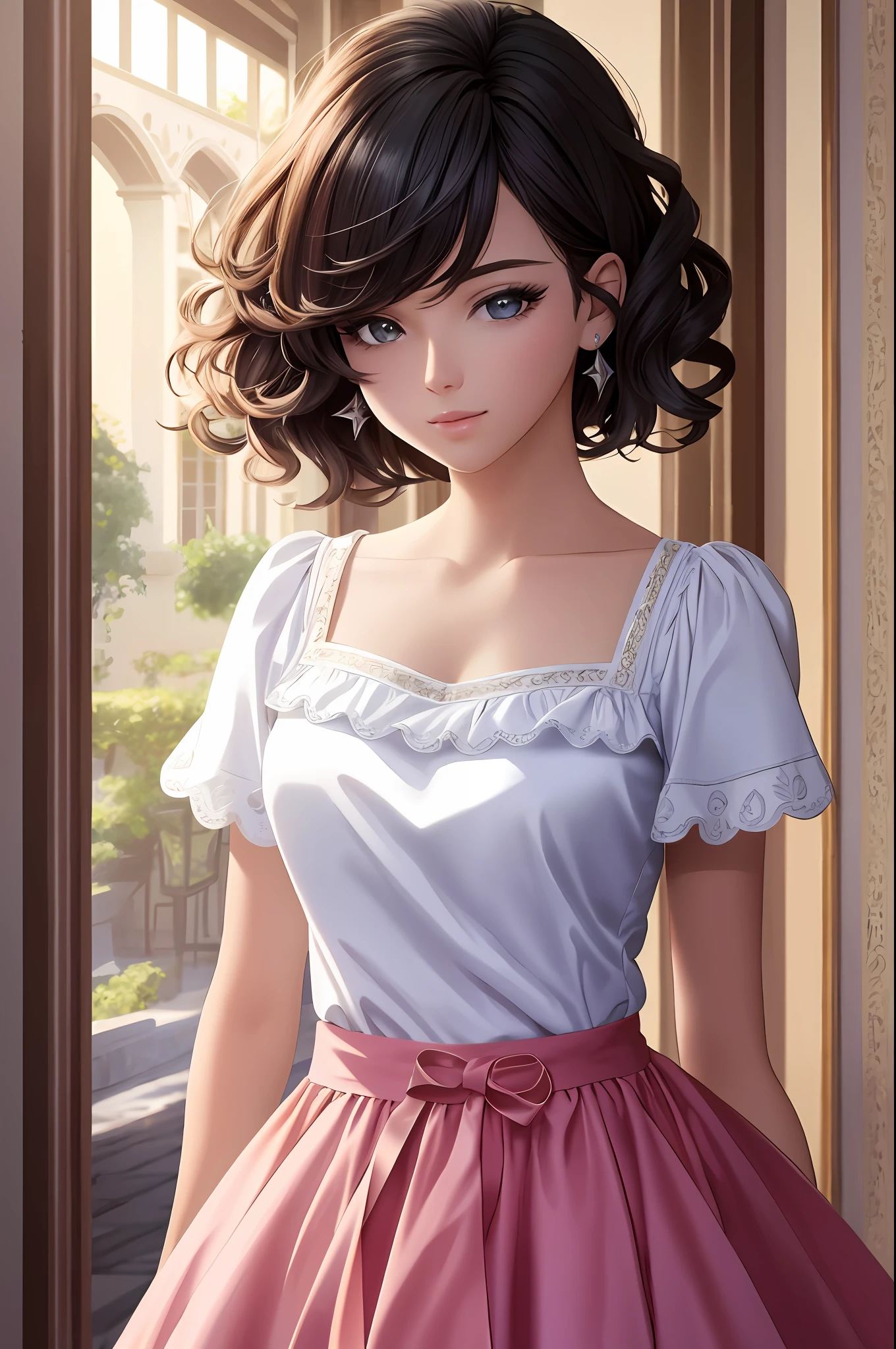 Illustration, anime style, (masterpiece, top quality, super detail, high resolution), perfect face, side lights, shiny skin, (bloom), (shine), lighting, ray tracing, 1girl, solo, short hair of black color, black moisturized eyes, summer short sleeves, hair bow, pink skirt, bow, pink bow, lips, upper body, curly hair, chest, parted lips, jewelry, depth_of_field, Very detailed background, very detailed background, masterpiece, super detail, great composition,dynamic angle,[bottle bottom],(wide shot), very delicate and beautiful,(best quality), (master work), depth of field, solo, extreme light and shadow, masterpiece, rich in detail, (fine features), (best quality), (masterpiece), (detail), (beautiful) detail, Beautiful Detail Eye,(Straight On), Upper Body,(Very Detail CG Unity 8k wallpaper),(Masterpiece), (Best Quality), (Super Detail)(Best Illustration)(Best Shadow),Perfect Lighting,Perfect Anatomy