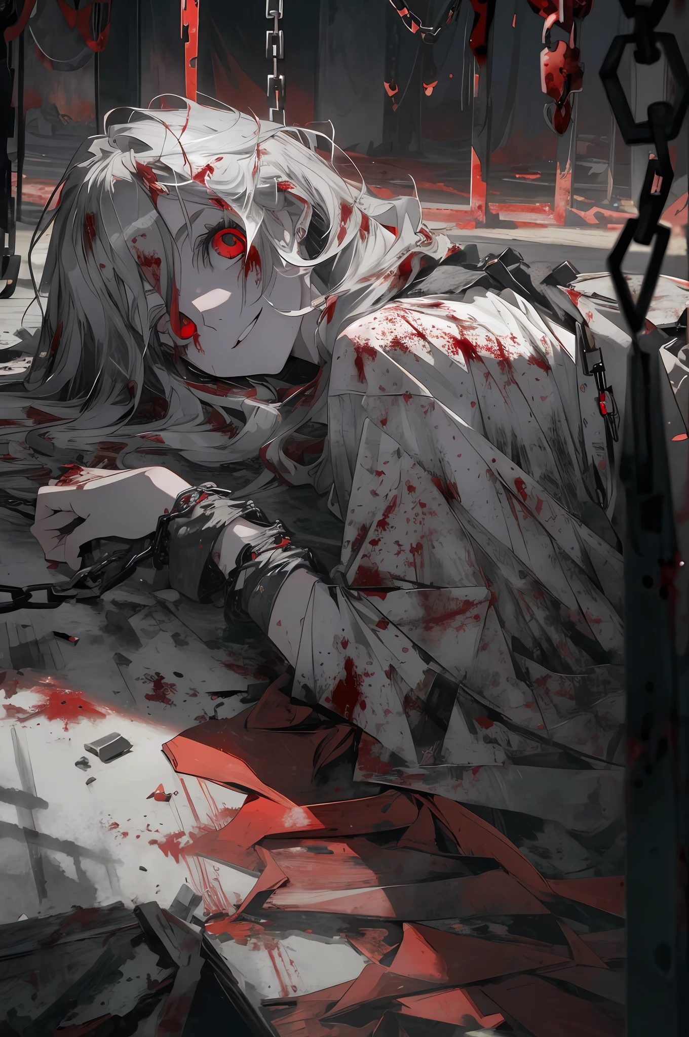 masterpiece, best quality, 1 girl, supine, lying face down on the floor, pale skin, messy hair, red eyes, glowing eyes, creepy, creepy smile, crazy expression, blood on face, blood on clothes, naked, creepy, scary, blood, horror, light particles, night, iron bracelets with chains,