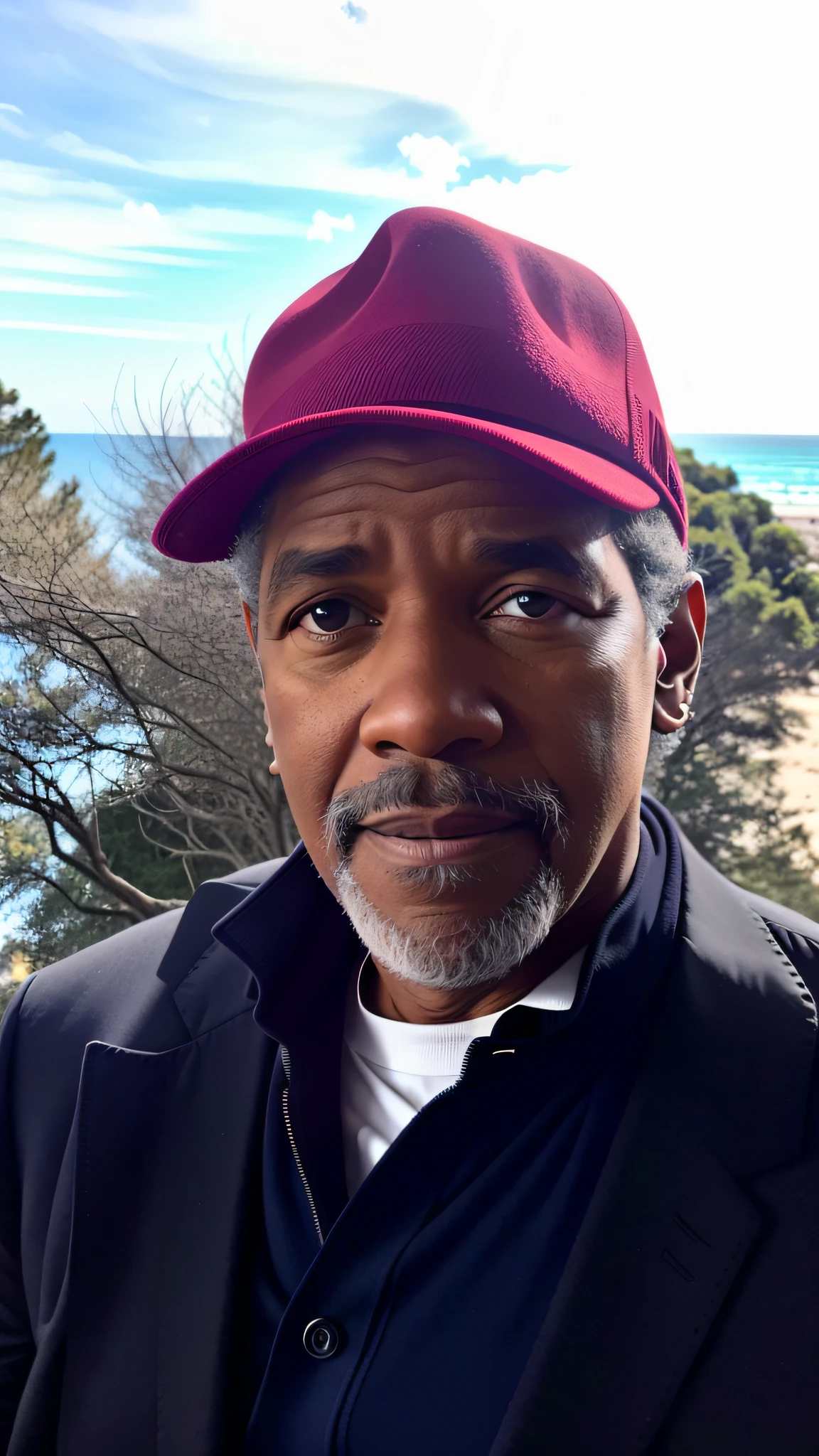 portrait photo of denzel washington wearing a black suit, smiling, white shirt, no tie, fifties, fifty years old, beard, wearing a hat, indoors, dramatic lighting, handsome, denzel washington, canon50, kodak ultramax, pexels, unsplash, film grain, close up
