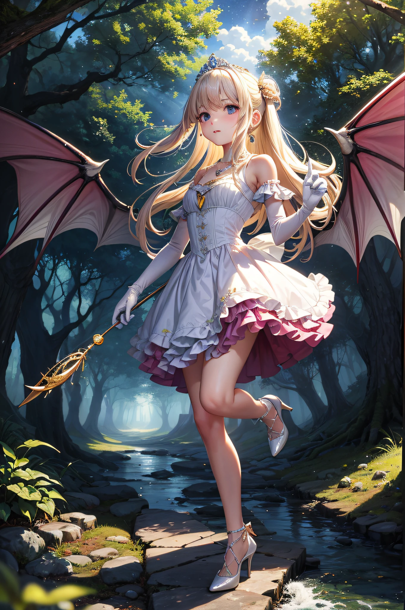 (masterpiece, best quality: 1.2), 1 girl, solo, cute, kawaii, digital art, magic circle, platinum blonde hair, fine eyes, shy look, sweat, frilly dress, pink color scheme, high heels, white Gloves, heart necklace, tiara, wand wielder, dragon, forest, fire breath, wings, scales, sharp claws, pointed tail, trees, moss, sunbeams, fallen leaves, bushes, rocks, rivers, bridges, night Clouds, starry sky, wind, rustle of leaves,