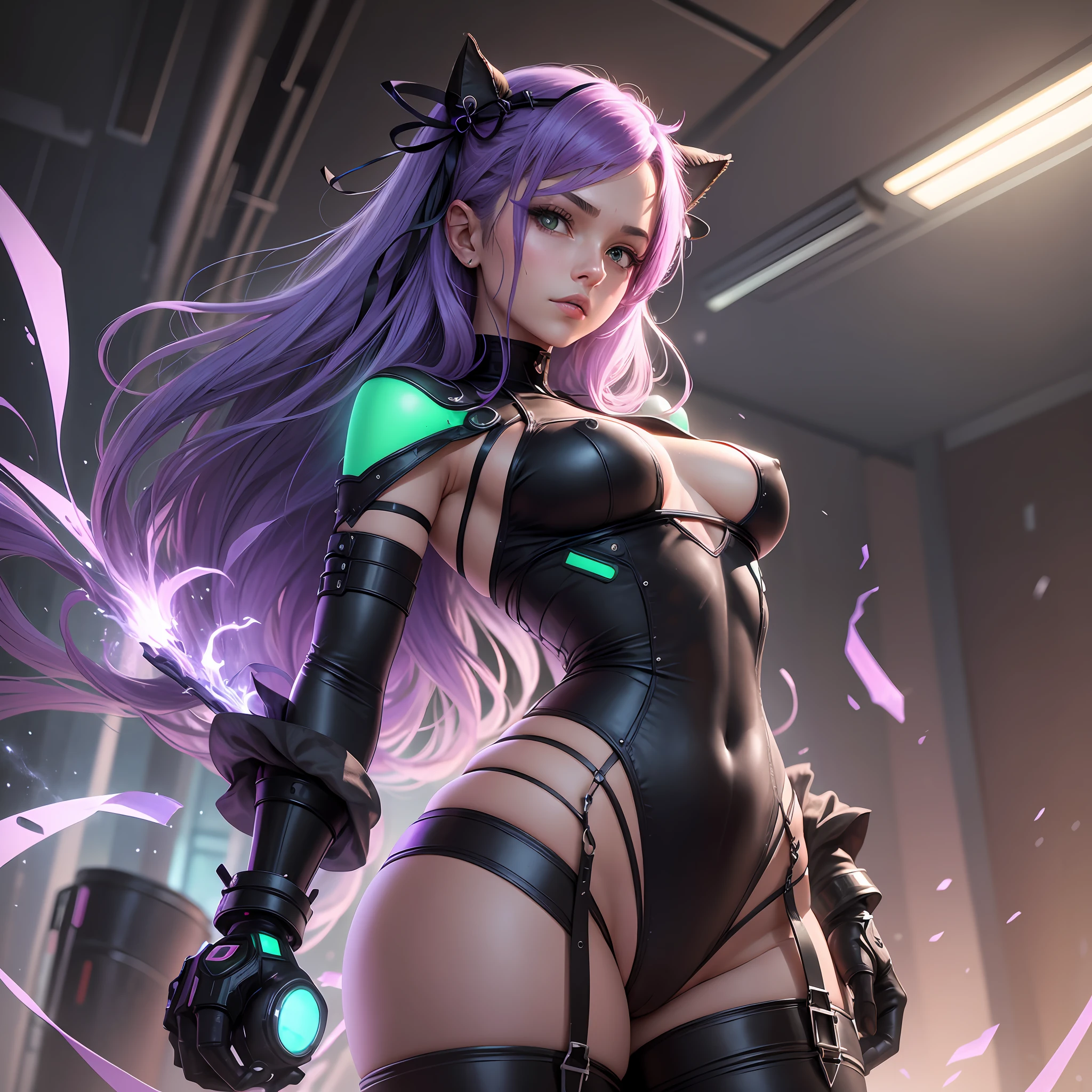 a girl with a face based on the face of actress nina dobrev in her peak of beauty, Young with the body similar to that of the character 2b of the game Nier: Automata, adding a white underwear a little wet, the body would be c the part of the buttocks turned forward p and the torso of the body turning forward c the head looking at the camera that would be at an angle from the bottom up in the height of the buttocks, the hair would be red like that of the character Asuka from the anime evangilion, she would be wearing a red micro shorts as if it were latex matter. The person's expression would be ultra realistic with well-made details of a person, with well-treated skin texture. Her breasts would be medium with the well filled and pointed turned more upwards. His buttocks would be large and his micro shorts would be well tucked marking his own, with his legs slightly apart, leaving one leg straighter and the other more curved, with one of his arms in a stretched position and or another arm appearing more bent as if to protect his face from a backlight in a background image as if it were in a cyberpunk style city with shades of green and purple and points of light. From the hands would be coming out some beams of light in the form of ribbons that were breaking into colorful splashes --auto --s2