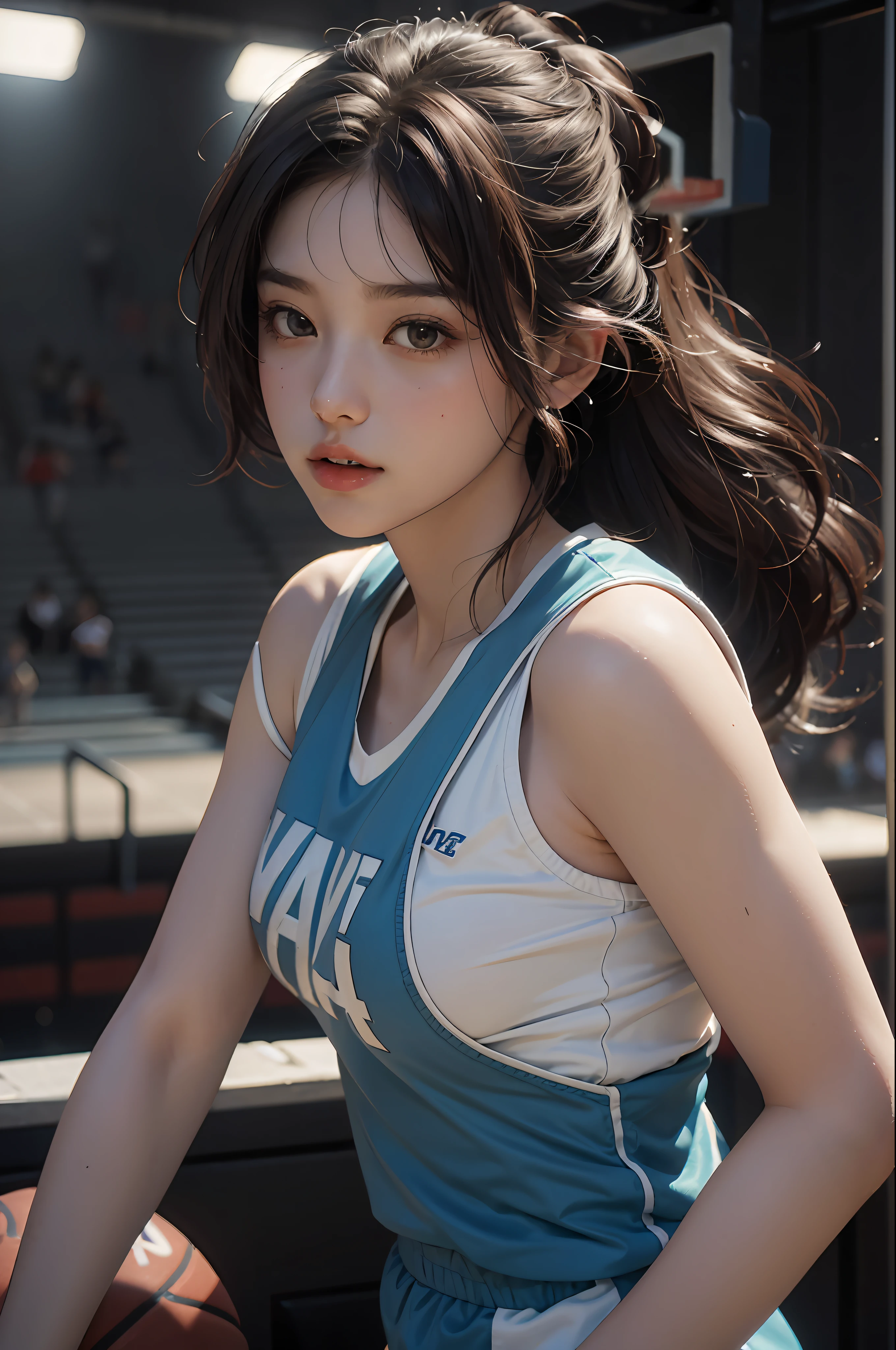 (RAW photo, 4k, masterpiece, high resolution, extremely complex) (realistic: 1.4), cinematic lighting Delicate girl with facial features
1 Girl, Single Focus, Summer Noon, Hot, 1990s\(Style\), White-skinned, big-breasted, cleavage, (best quality), (highres), (an extremely delicate and beautiful),,(Beautiful 8k face),(brown eyes),(ulzzang-6500:1.0),(solo),( looking side),(spectators),(large breasts),(NBA),bent over,,lookside,(side), ,(Basketball sportswear),((Play basketball)),((gymnasium)),((speed)),(reality),