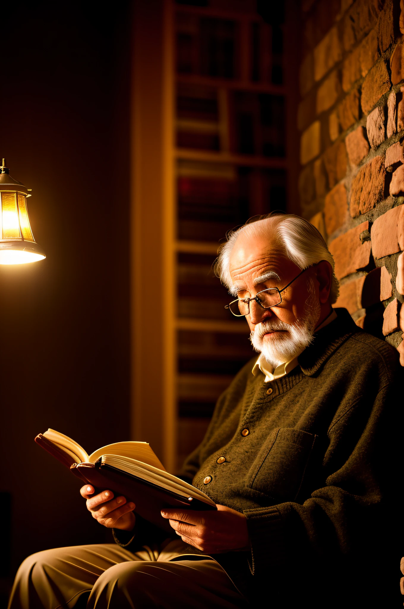 an old man reading an old book, twilight light, warm atmosphere, cultured atmosphere, (masterpiece) (perfect proportion) (photo realistic) (best quality) (detailed) (8k) (HDR) (wallpaper) (cinematic lighting) (sharp focus) (intricate)