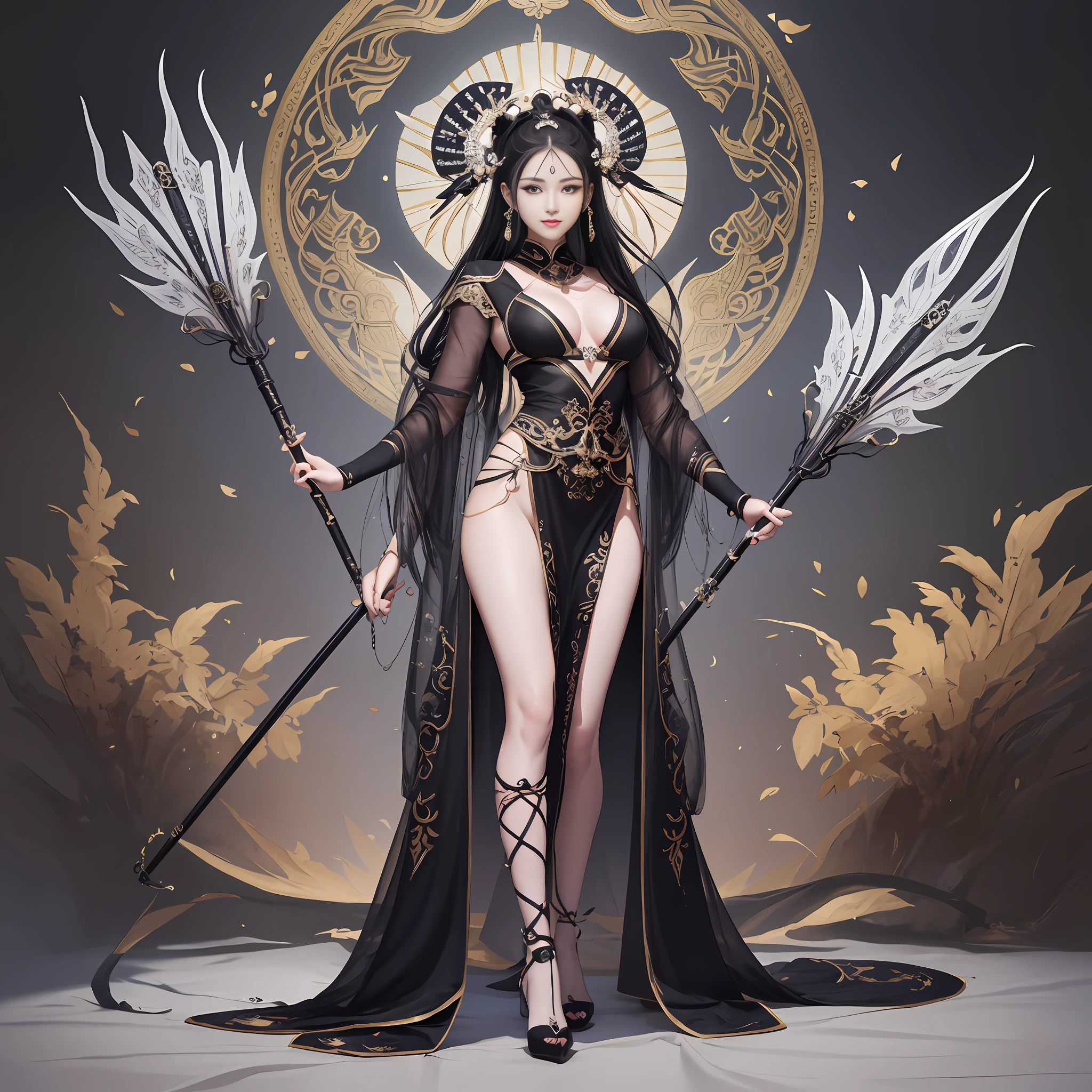 Masterpiece, 8k wallpaper, great master black and white work, sexy tribal mature woman in sexy costume holding spear standing on the land of magnificent barbaric world, bikini, mature body, slender legs, perfect abdomen, exquisite facial details, beautiful character painting, highly detailed exquisite fan art, full body standing, full body fairy, G Liulian's artistic style, inspired by Lan Ying, by Yang J, she holds a long staff, inspired by Du Qiong, inspired by Qu Leilei, inspired by Wu Zhun Shifan, the ultimate dark art, perfect model height, 180cm height, charming smile, soft professional cinematic lighting, light and shadow following, perfect contour light