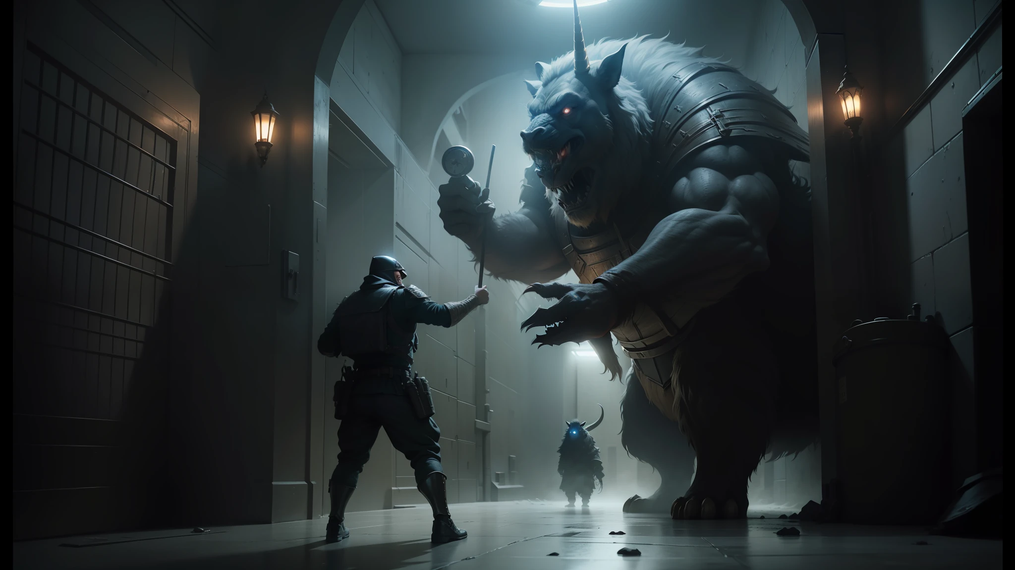 araffe and a prison guard in a dark prison corridor with a large monster, from the movie tusk, bigstudiovfx, still from the movie dune, still from the movie dune-2021, unicorn from the movie tusk, jaime jasso, best in cgsociety, cgi art, cgsociety award, warrior fighting in a dark scene --auto --s2