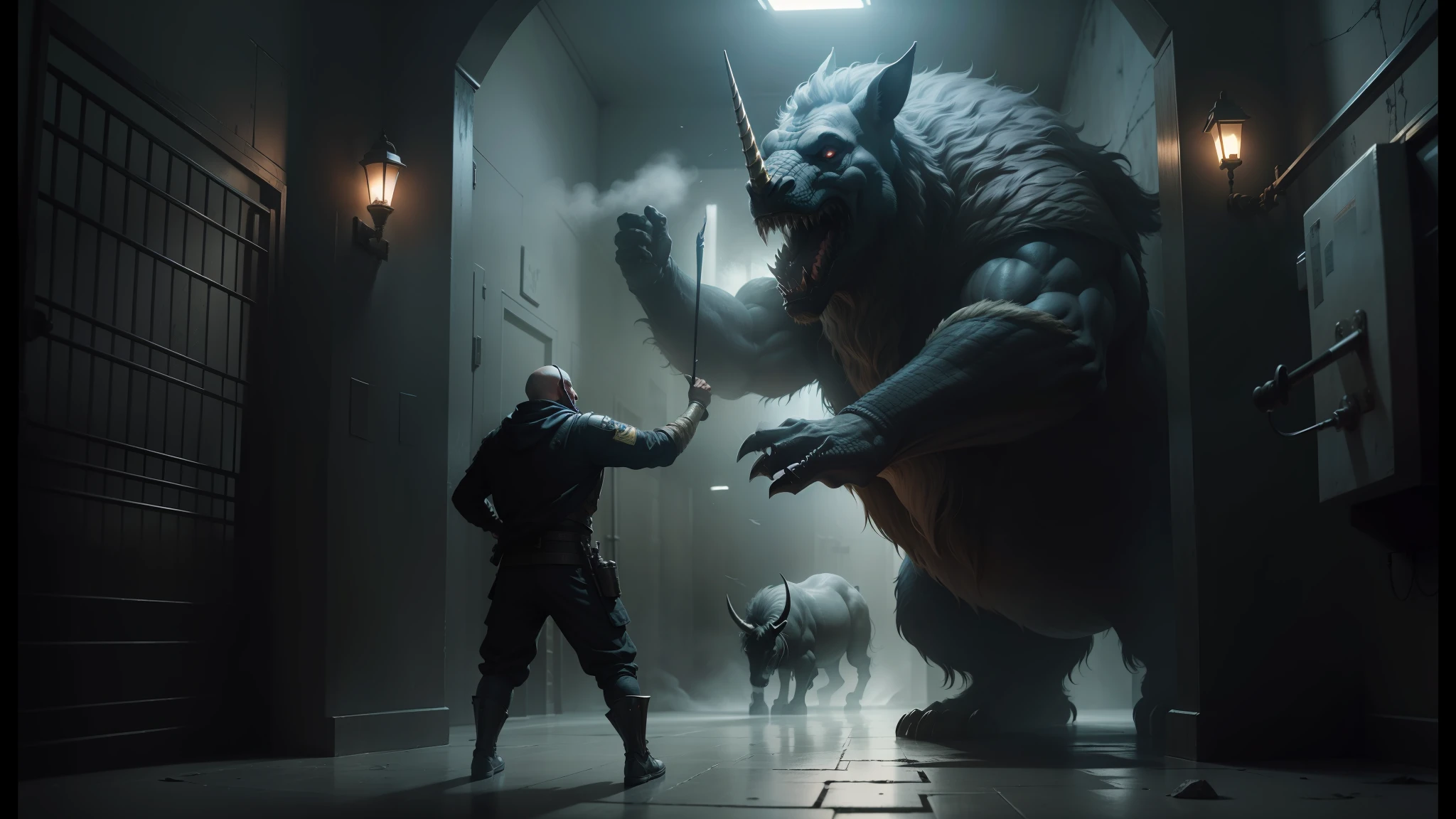 araffe and a prison guard in a dark prison corridor with a large monster, from the movie tusk, bigstudiovfx, still from the movie dune, still from the movie dune-2021, unicorn from the movie tusk, jaime jasso, best in cgsociety, cgi art, cgsociety award, warrior fighting in a dark scene --auto --s2