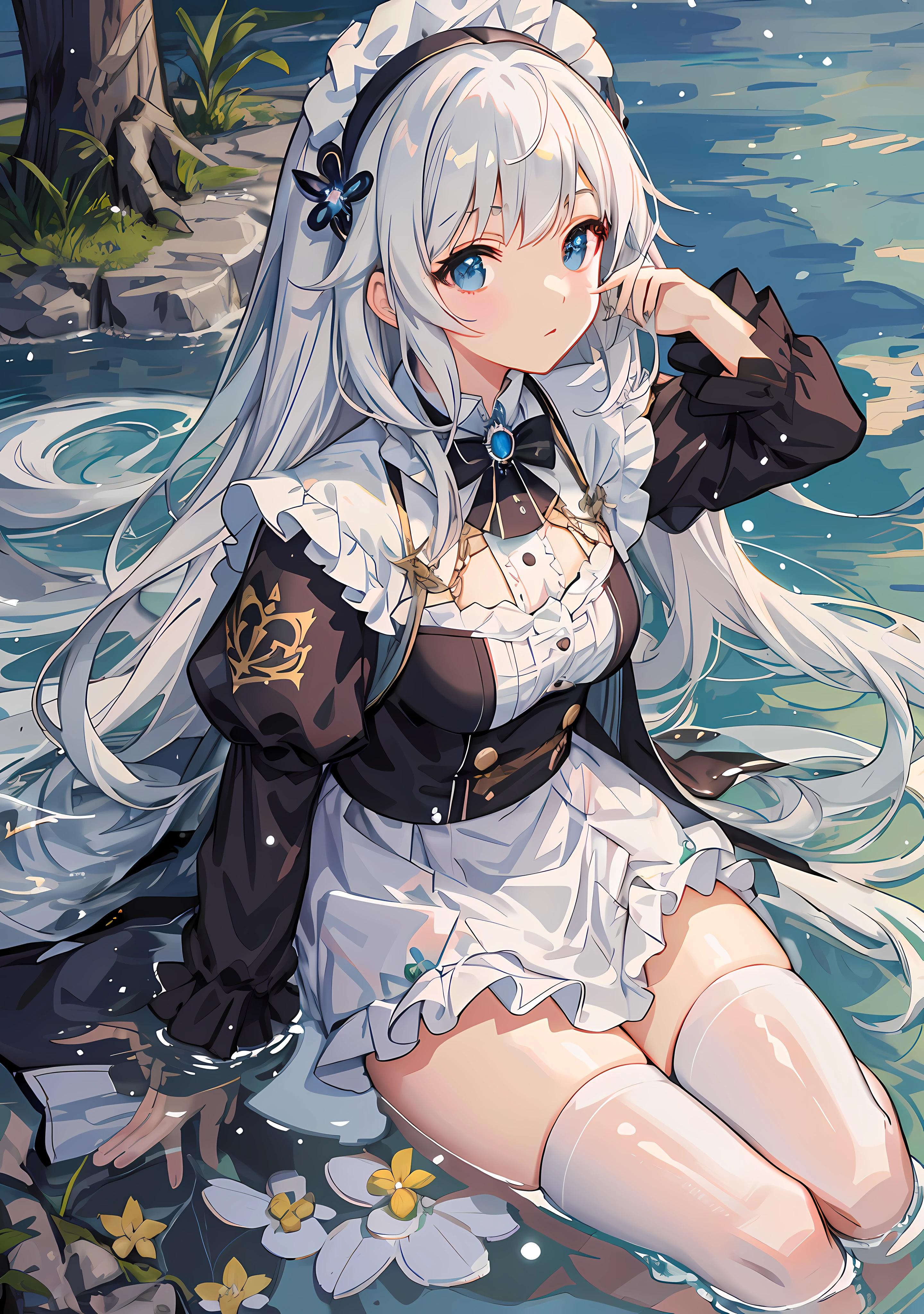 Anime girl sitting in the water with hands on her head, popular on ArtStation Pixiv, splash art anime loli, white-haired deity, guweiz on pixiv art station, little curved loli, from girl front, high detail official artwork, guweiz on artstation pixiv, azur lane style, fine details. Girl Front, 8K, Best Quality, Ultra HD, Ultimate Light and Shadow, Meticulous Face Portrayal, White Stockings