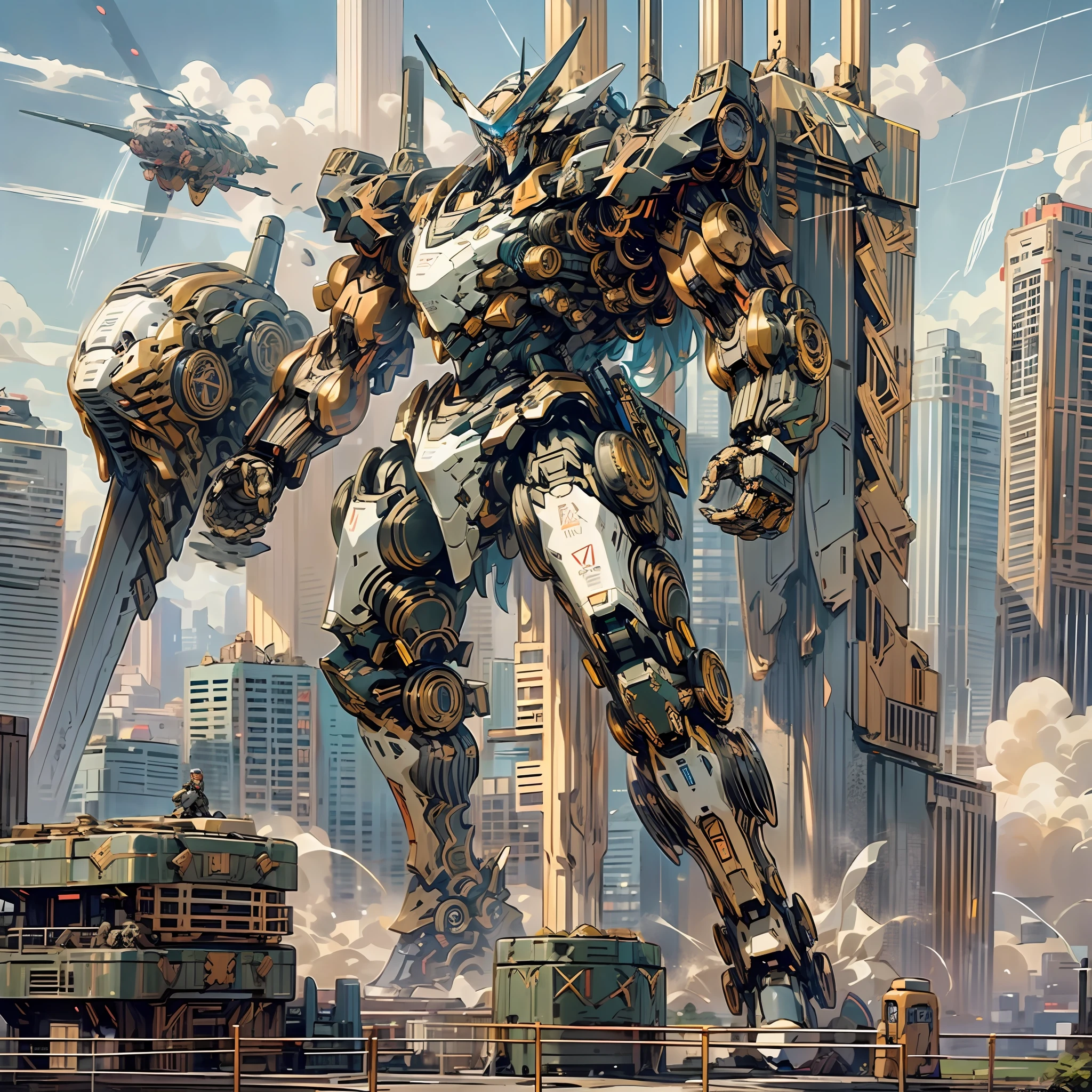 Masterpiece, Best Quality, Mecha, Unmanned, (Full Body), (Black Mech: 1.5), (Axisymmetry: 1.4), (HDR), (Cinematic Light: 1.1), Blue Eyes, Science Fiction, Fire, Laser Cannon Beam, War, Conflict, Destroyed City Background Handheld Weapon, (Handheld Giant Weapon: 1.5), Armed with Oversized Shield, Mecha Warrior, 16:9 --auto --s2