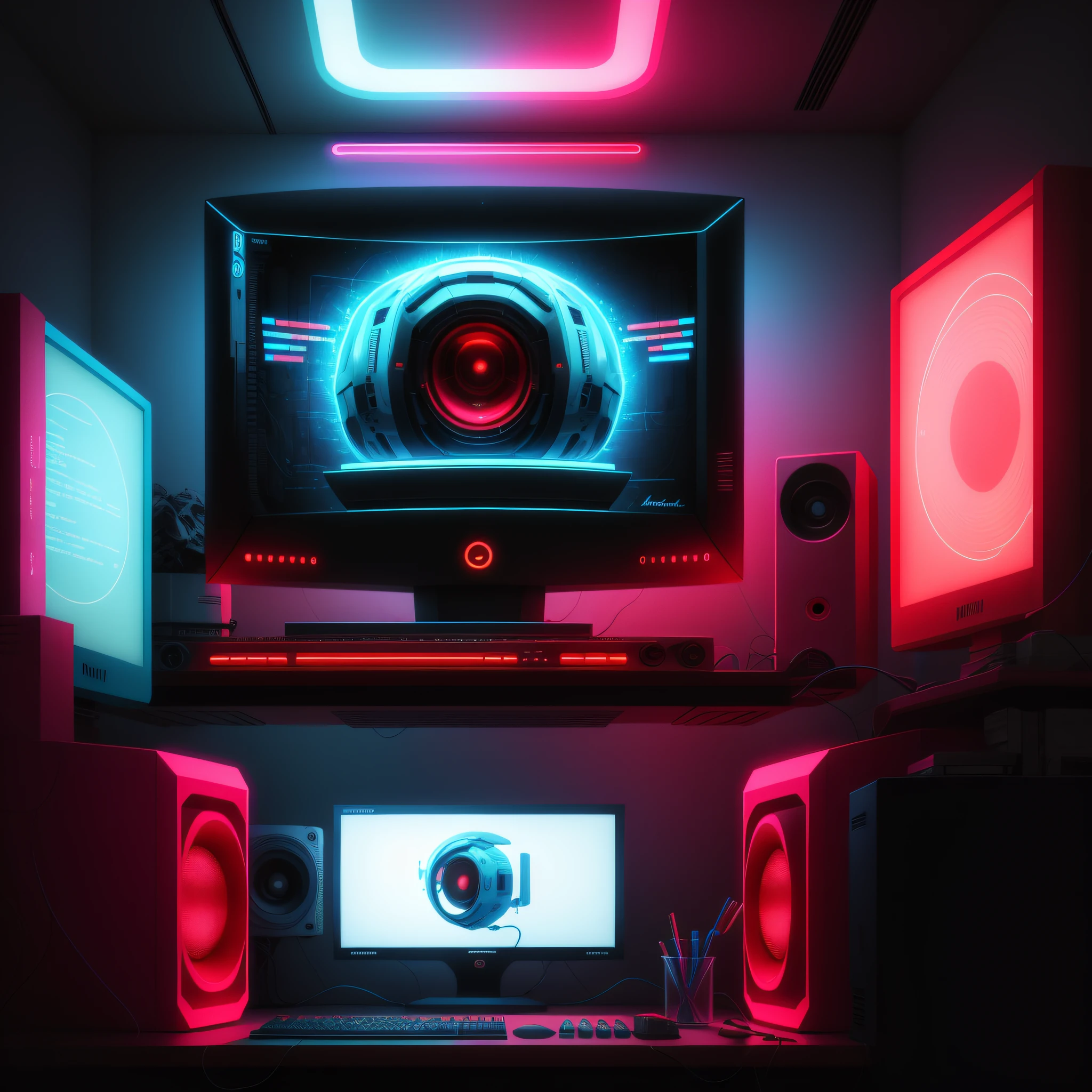 concept art Computer RetroFuturismAI, bulky monitor with red ambiance with more vermleho and blue manos in the environment