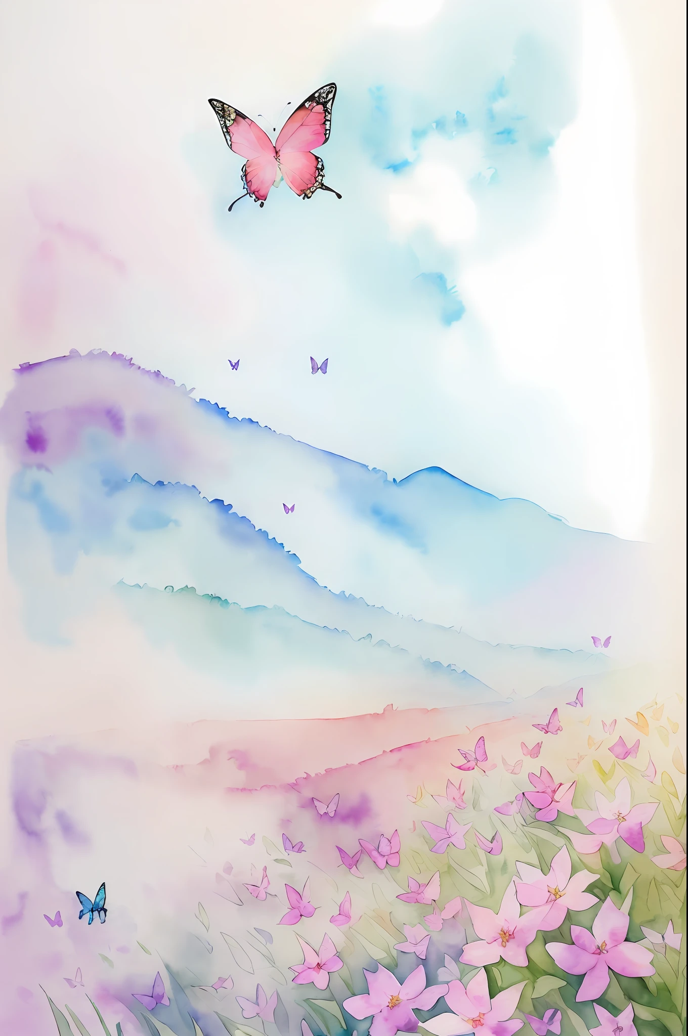 (Watercolor style, spectral art) + (in outdoor natural environment, (butterfly: 2) flying in a hundred flowers from it, colorful expanses of flowers, there is a figure lying on the side on the side). (rich gorgeous colors in the distance) + (smudge splash) + (clear light and shadow swaying dynamics), from above, wide-angle lens --auto --s2