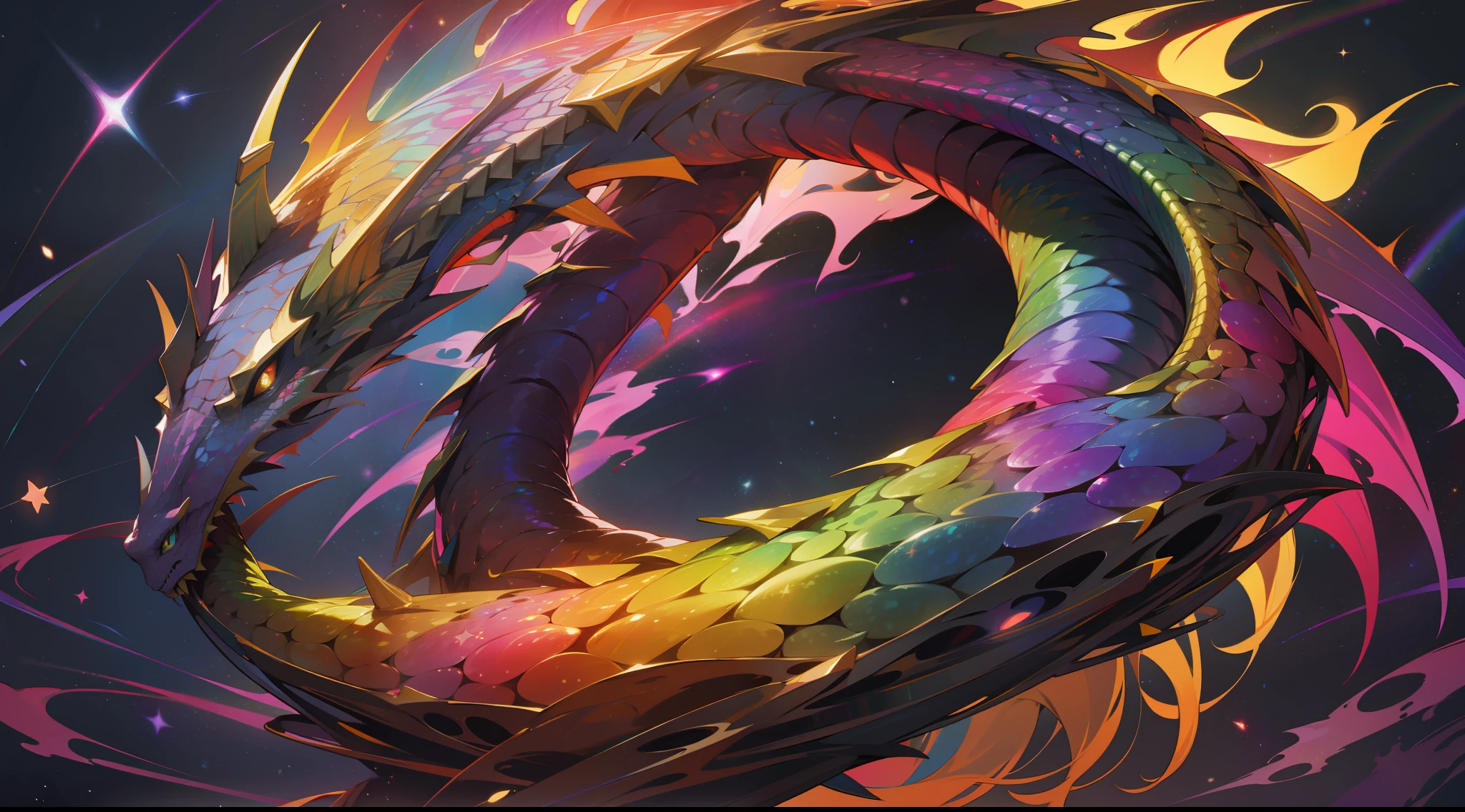 a rainbow colored dragon, rainbow colored cosmic nebula background, stars, galaxies