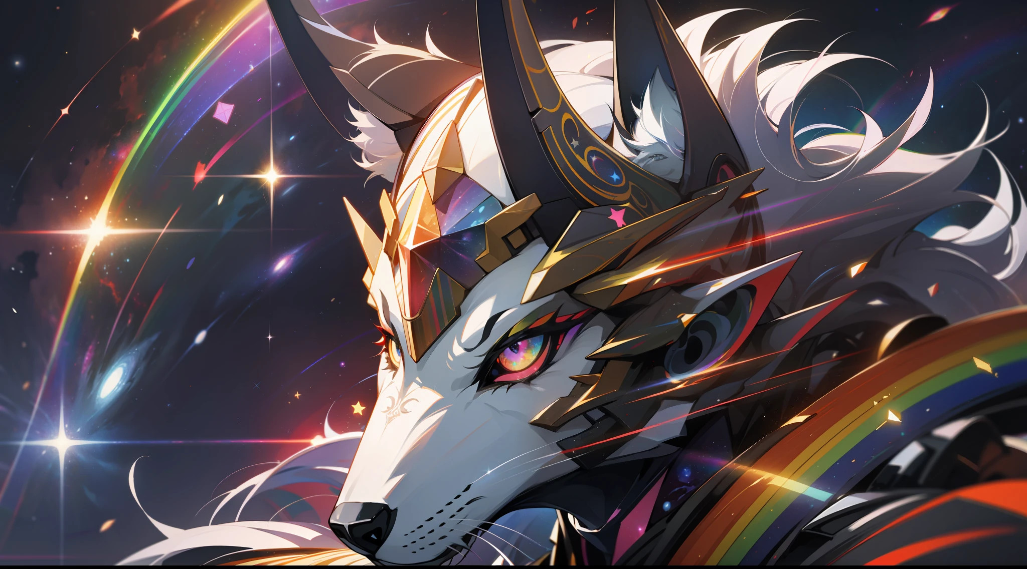 a rainbow colored wolf, rainbow colored cosmic nebula background, stars, galaxies