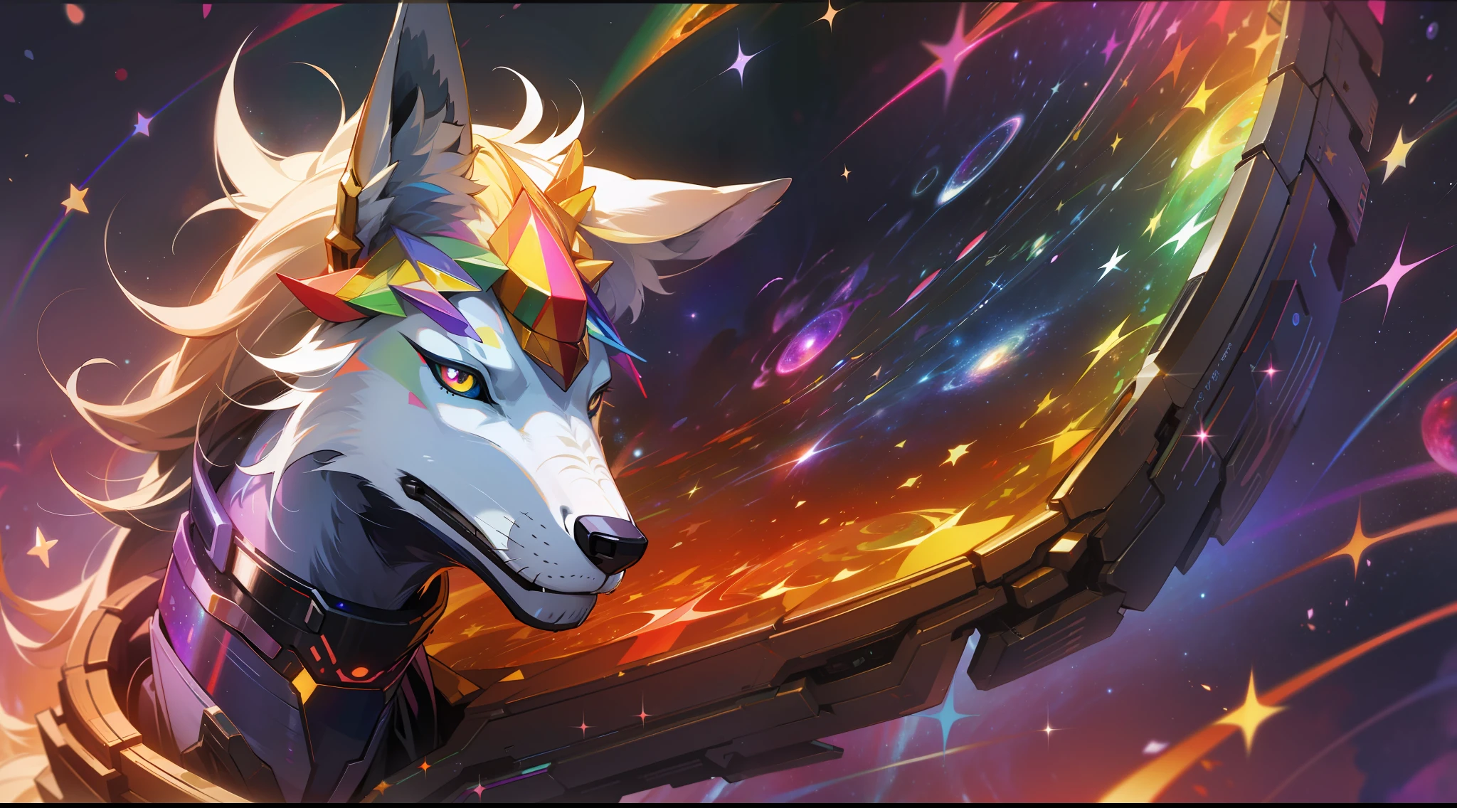 a rainbow colored wolf, rainbow colored cosmic nebula background, stars, galaxies