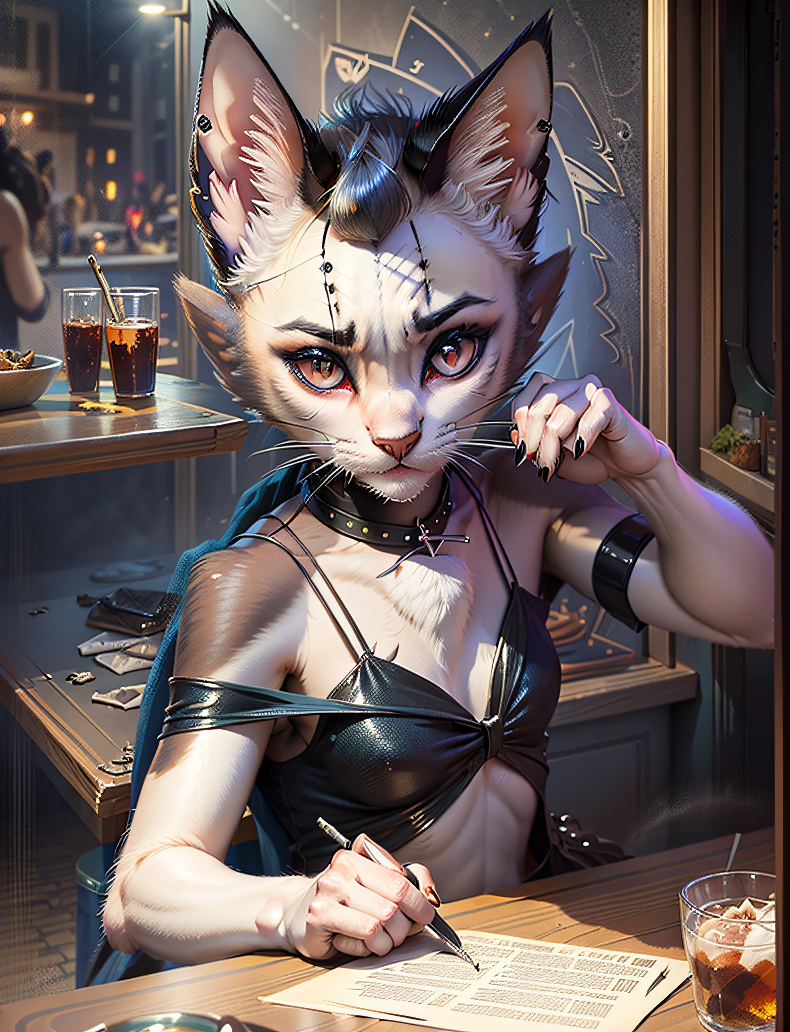 Siamese cat transformed, dressed, sitting at the table in a bar, city, night fatal female style, Disney style