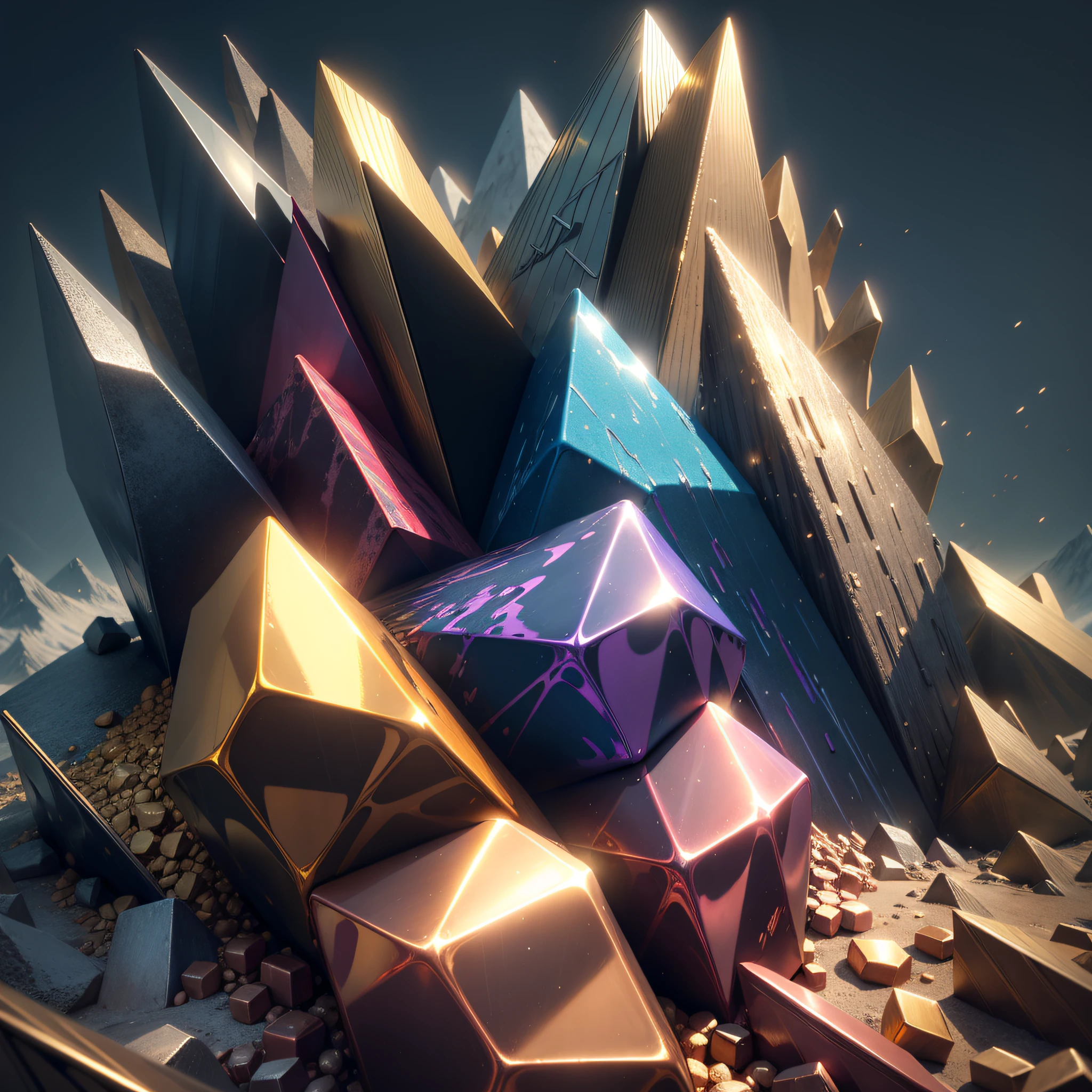 Colorful metals piled together, shining, as high as mountains