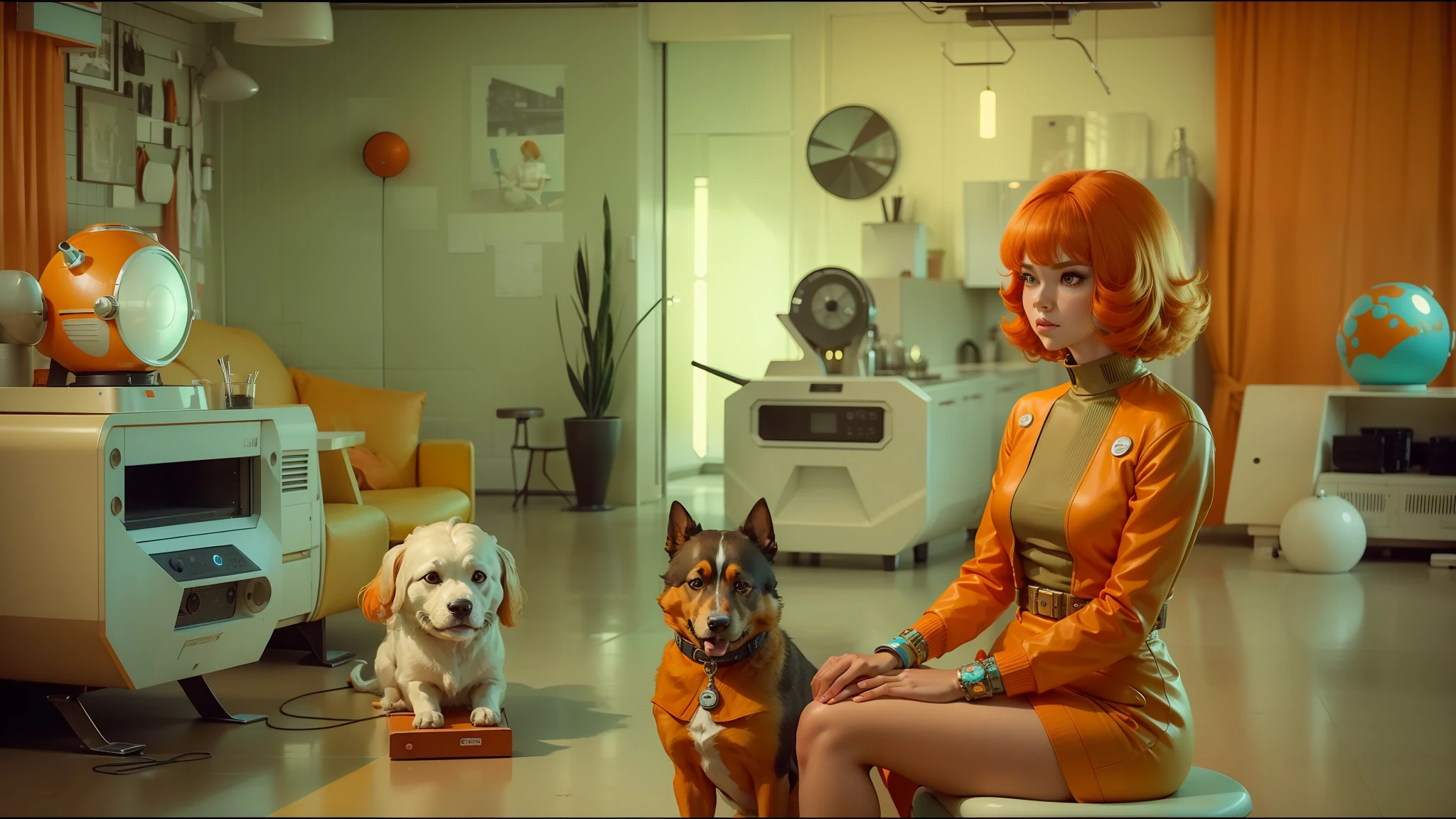there is a woman sitting on a stool with a dog, retro futuristic apartment, framestore, orange hair, year 1968, basia tran, wanda, dreambotmothership, style of joel meyerowitz, still from film, the orville, orange and turquoise, post-nuclear, redshift, ginger --auto --s2