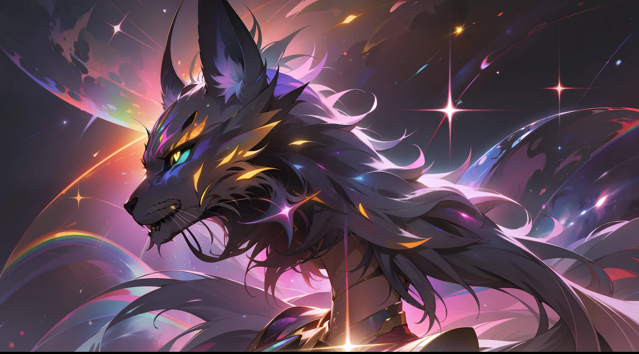 a rainbow colored lynx, rainbow colored cosmic nebula background, stars, galaxies