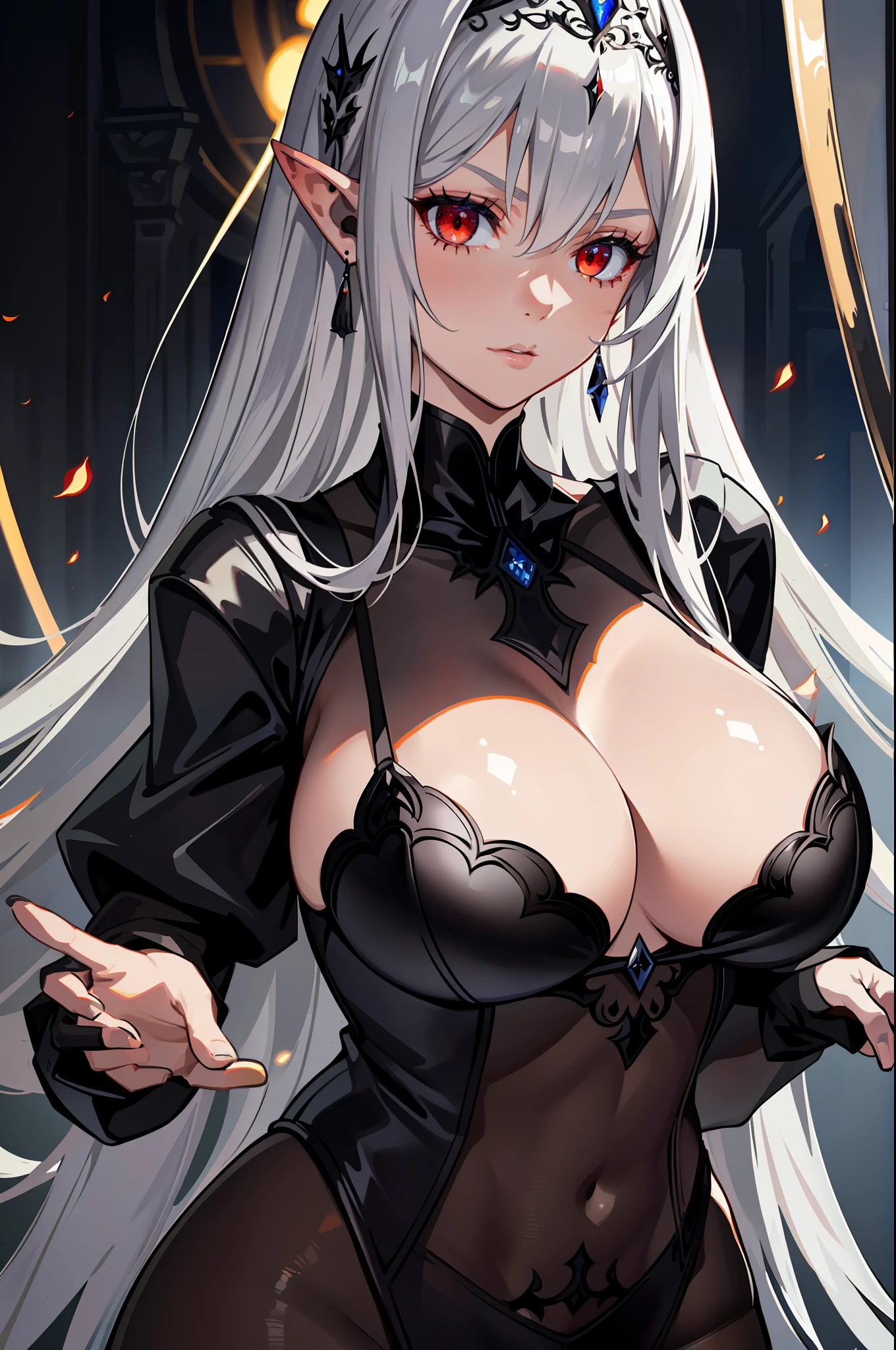 elf, ((masterpiece)), (best quality), (ultra-detailed), illustration, 1girl, solo, black hair, bangs, hairpods, hair between eyes, red eyes, focused and determined expression, realistic style, (detailed shading), (silver armor), ((big breasts)), (silver tiara), (glowing skin), glowing eyes, pointy ears, (((black lingerie))), (black pantyhose), nipple bulge, (cameltoe), exposed)